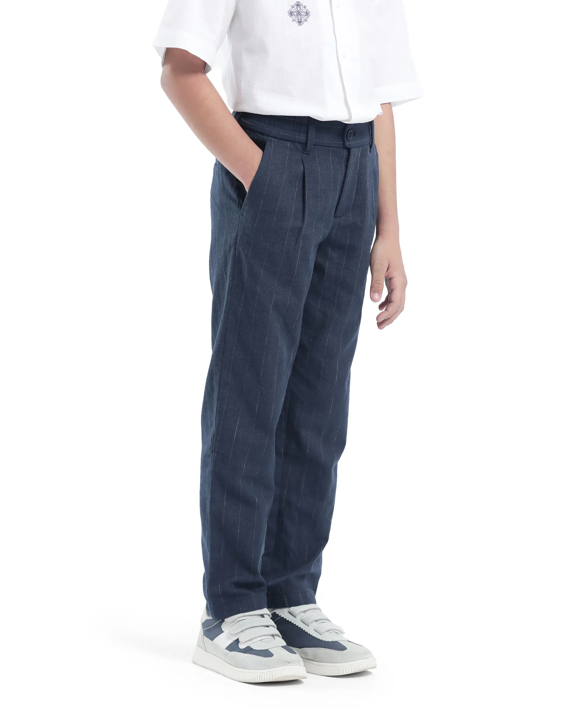 Rare Ones Kids Leo Navy Polyester Blend Striped Button & Zip Closure Regular Fit Trouser - Image 7