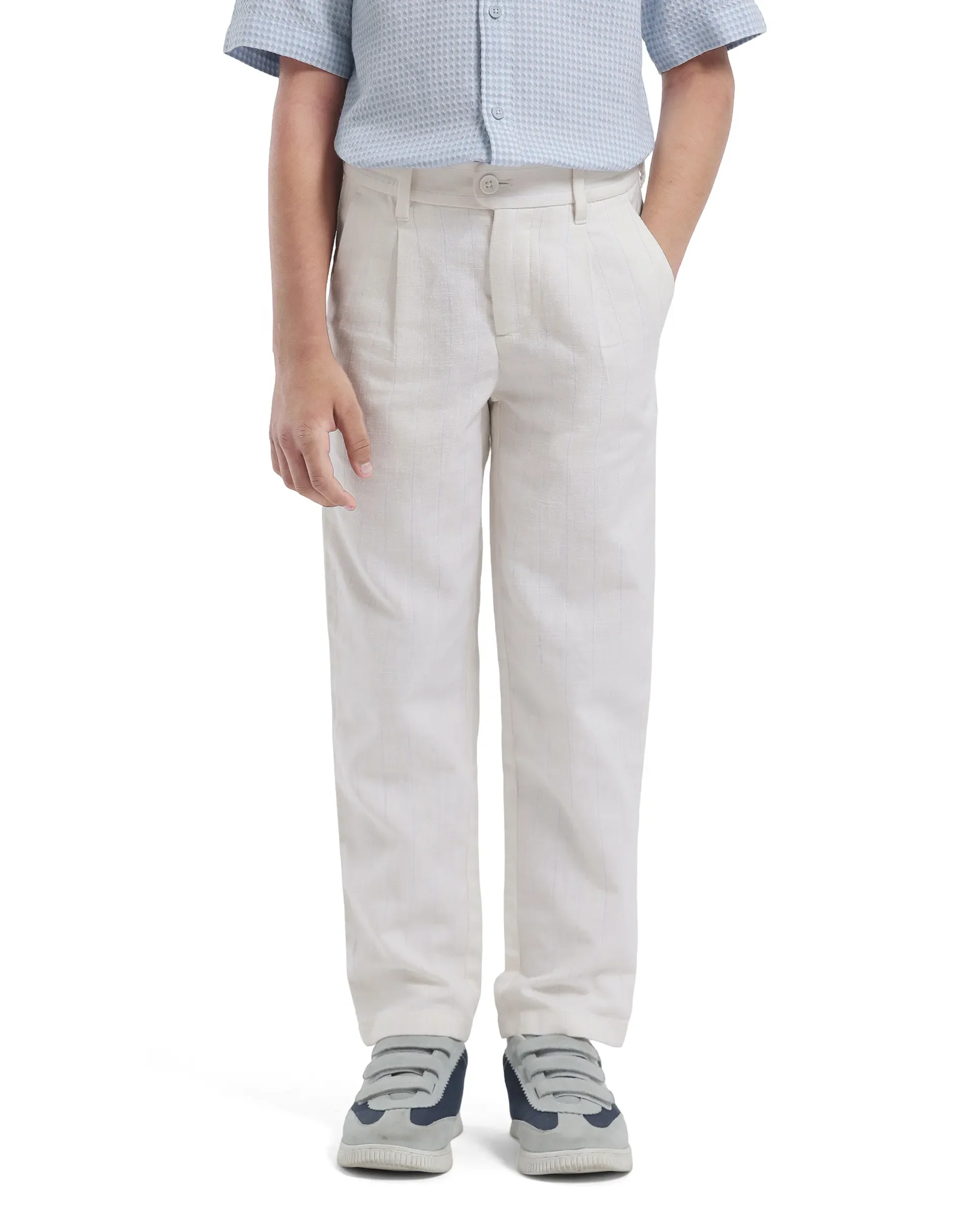 Rare Ones Kids Leo White Polyester Blend Polyester Blend Striped Button & Zip Closure Regular Fit Trouser - Image 2