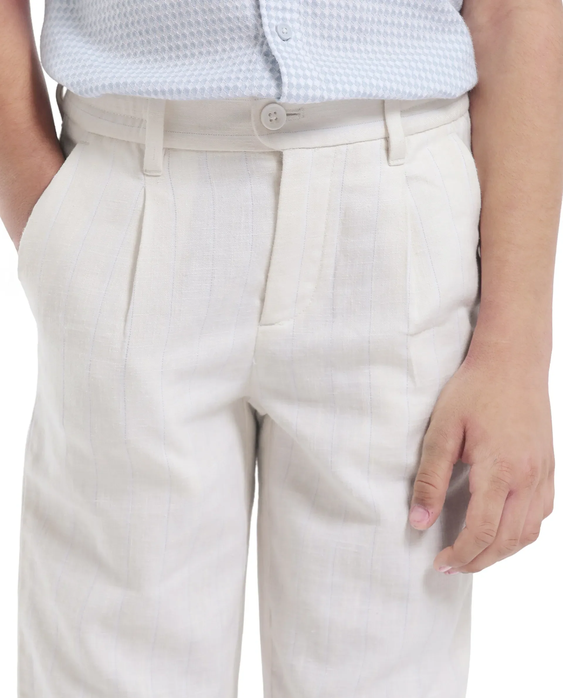 Rare Ones Kids Leo White Polyester Blend Polyester Blend Striped Button & Zip Closure Regular Fit Trouser - Image 3