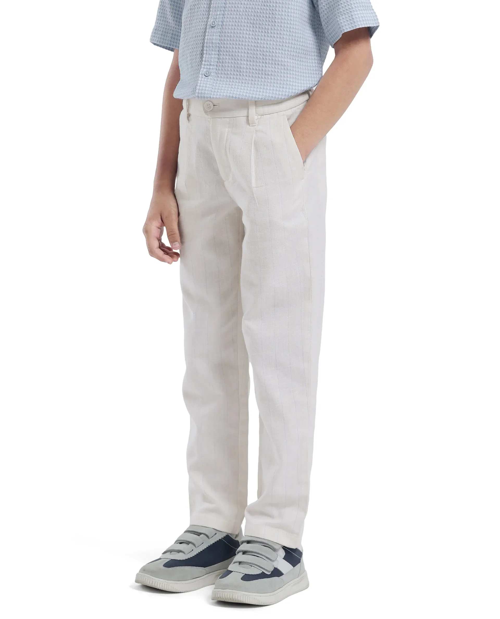 Rare Ones Kids Leo White Polyester Blend Polyester Blend Striped Button & Zip Closure Regular Fit Trouser - Image 6