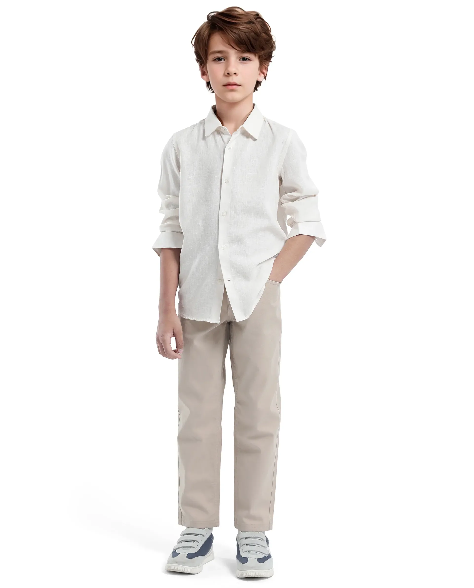 Rare Ones Kids Lino Off White Linen Full Sleeve Button Solid Regular Fit Shirt - Image 2