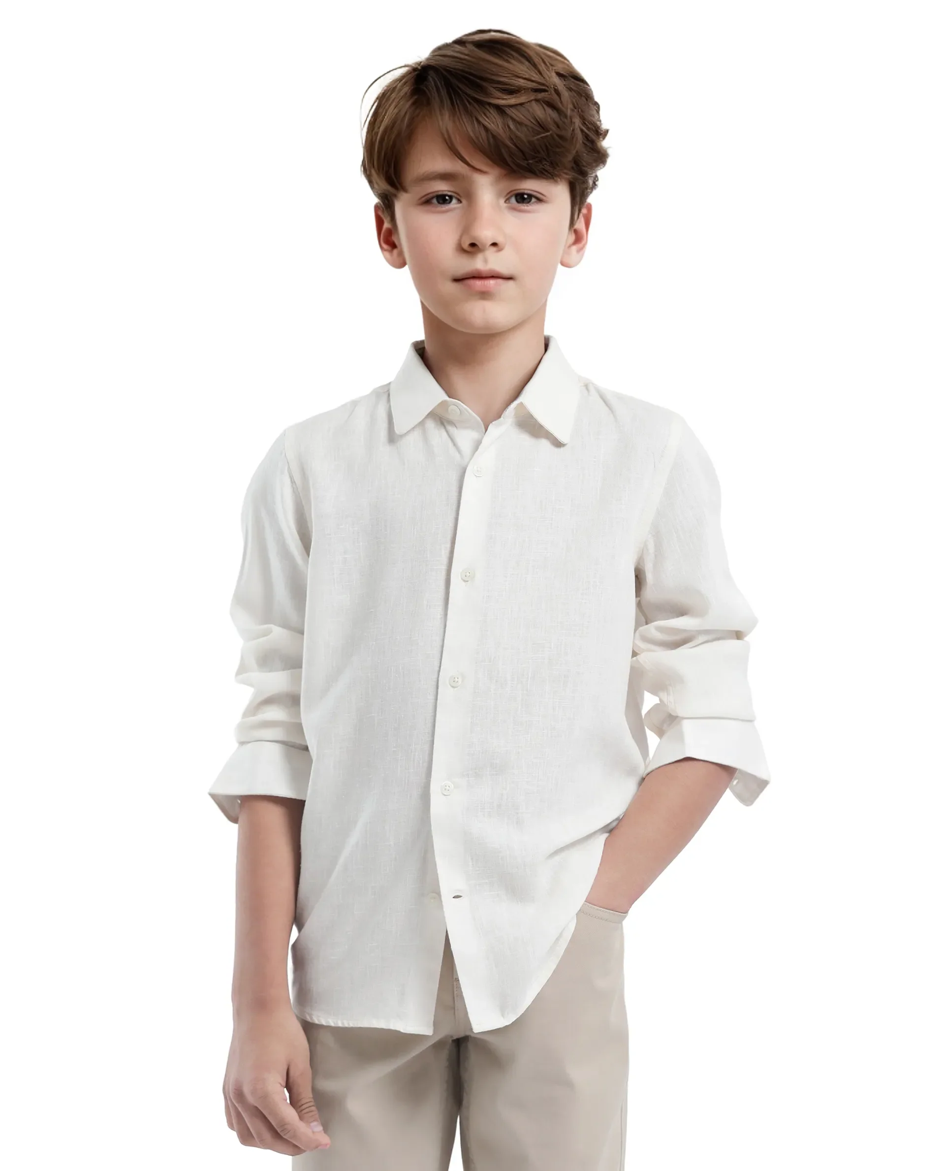 Rare Ones Kids Lino Off White Linen Full Sleeve Button Solid Regular Fit Shirt - Image 5