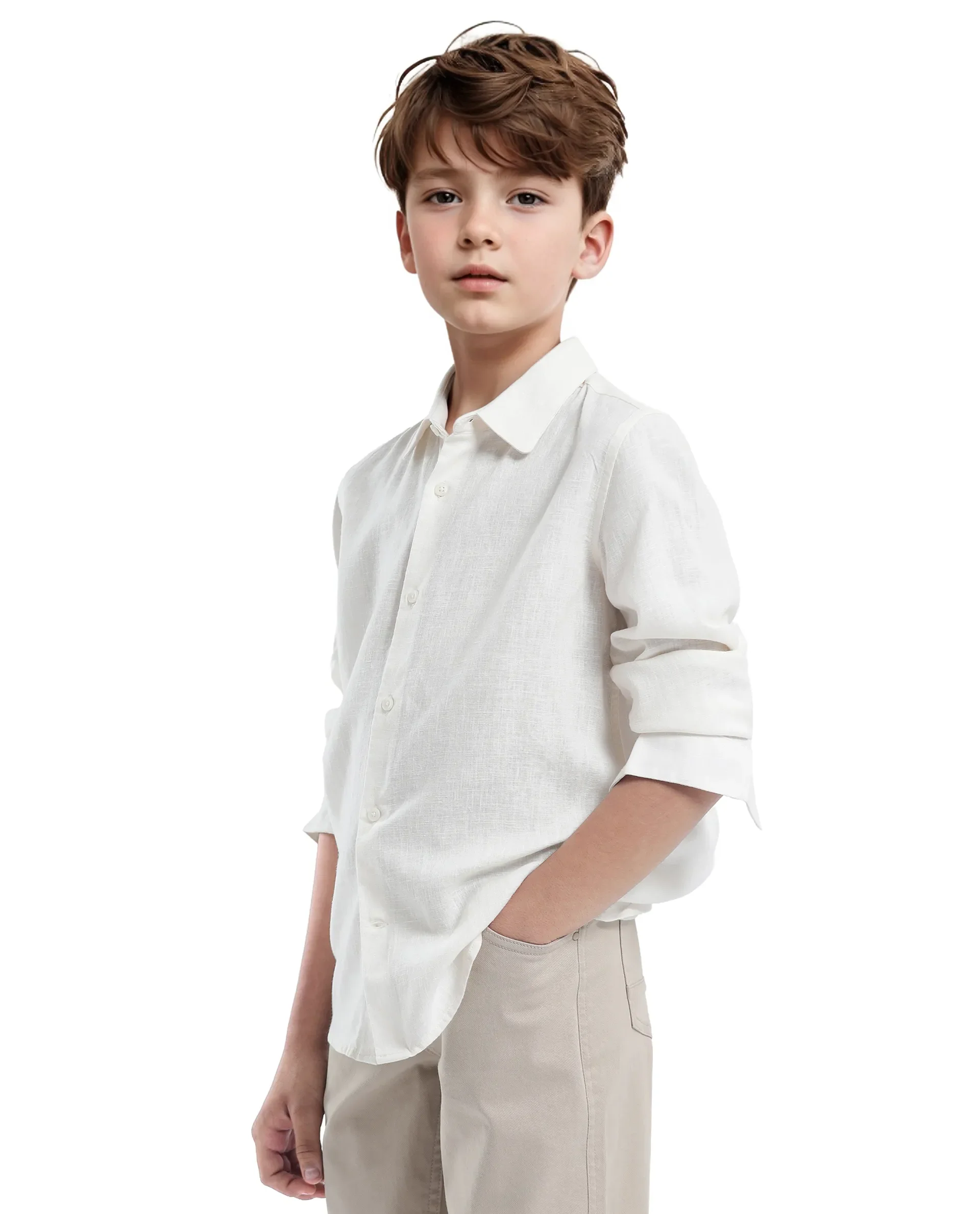 Rare Ones Kids Lino Off White Linen Full Sleeve Button Solid Regular Fit Shirt - Image 7
