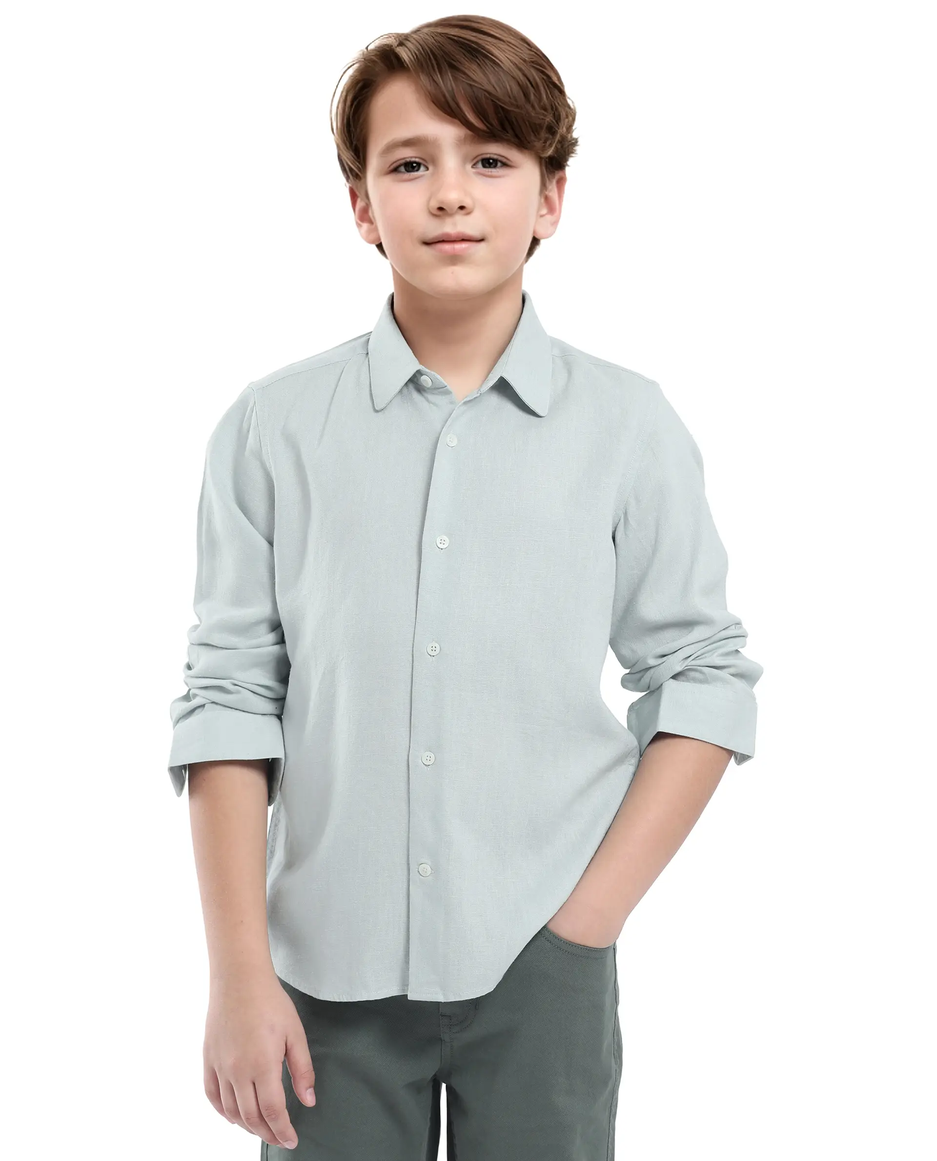Rare Ones Kids Lino Pastel Turq Linen Full Sleeve Button Solid Regular Fit Shirt - Image 3