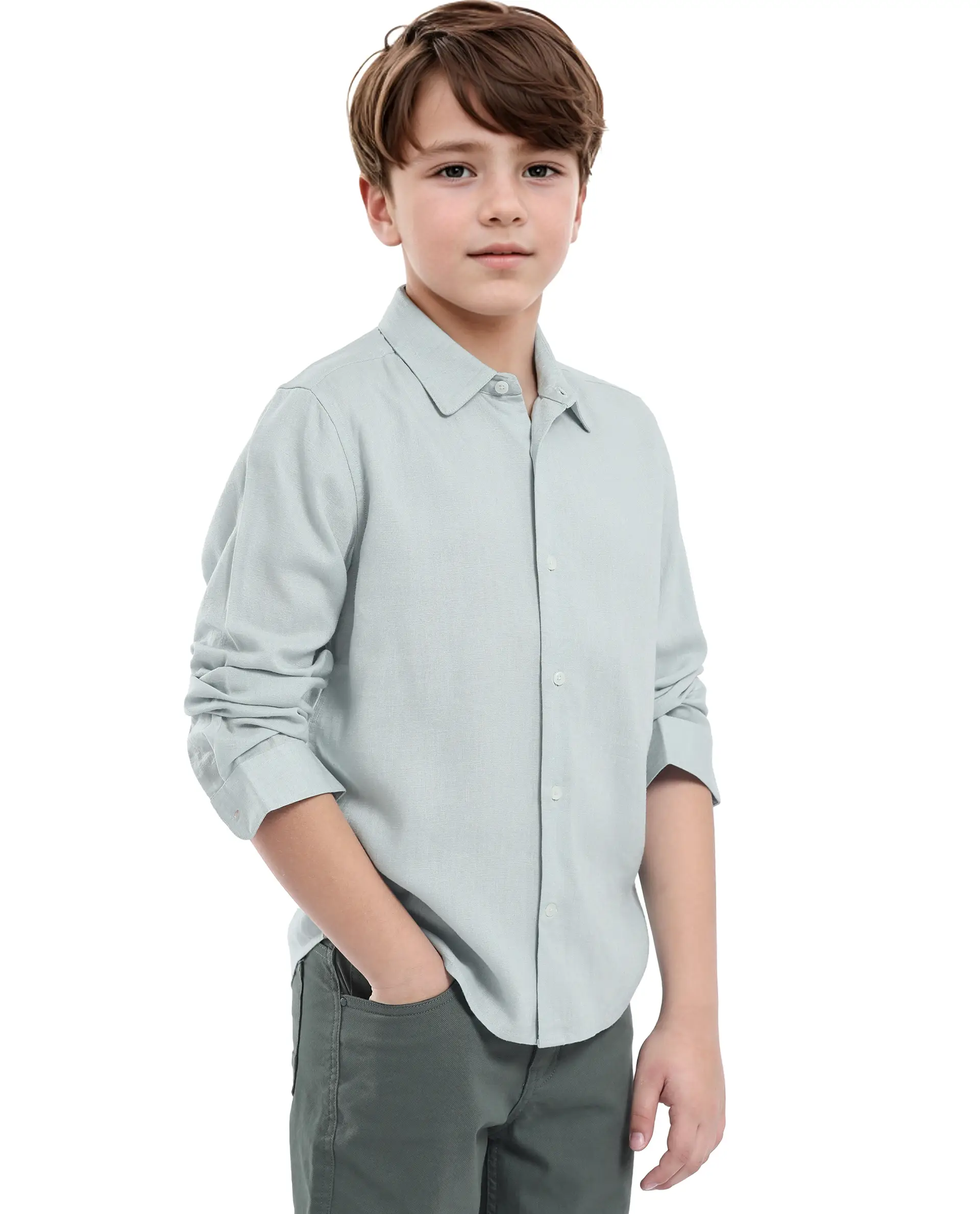 Rare Ones Kids Lino Pastel Turq Linen Full Sleeve Button Solid Regular Fit Shirt - Image 6