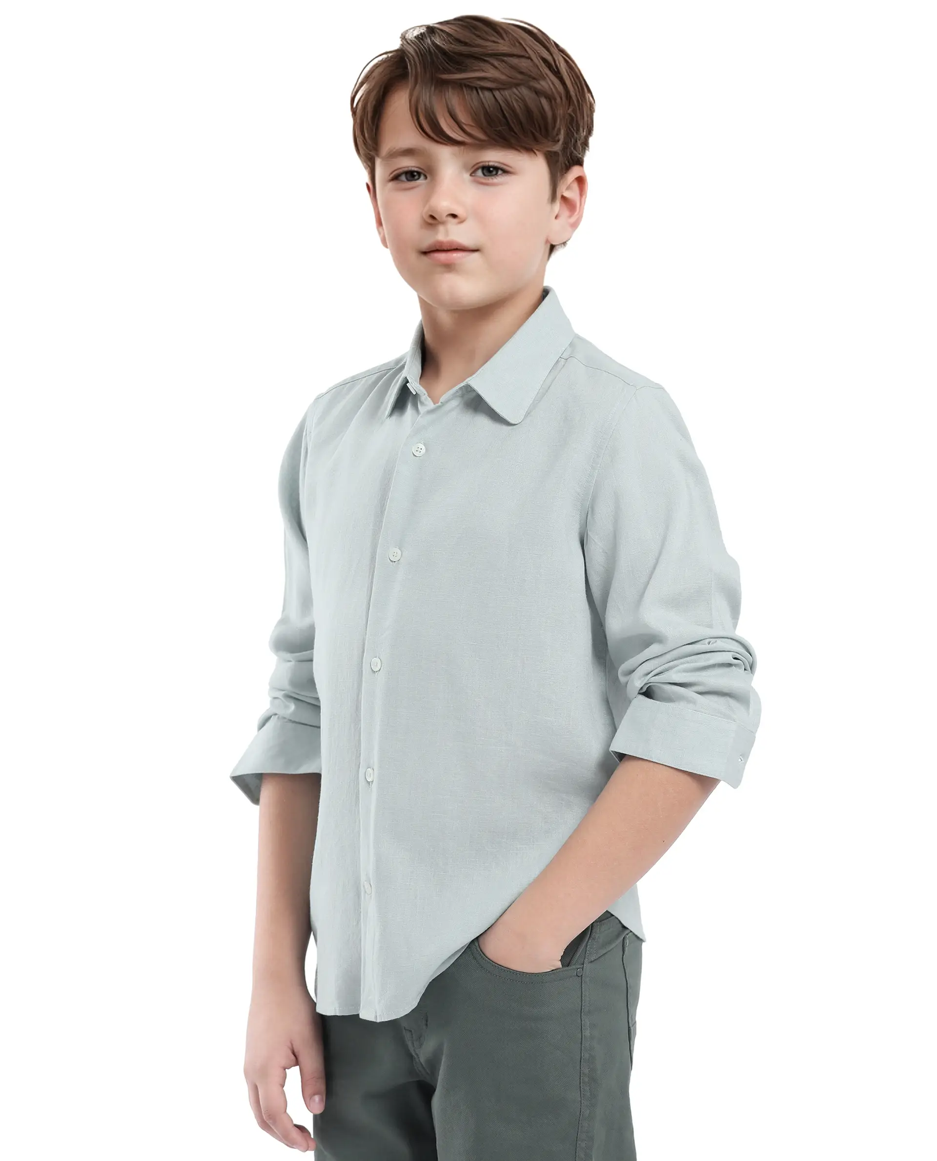 Rare Ones Kids Lino Pastel Turq Linen Full Sleeve Button Solid Regular Fit Shirt - Image 7