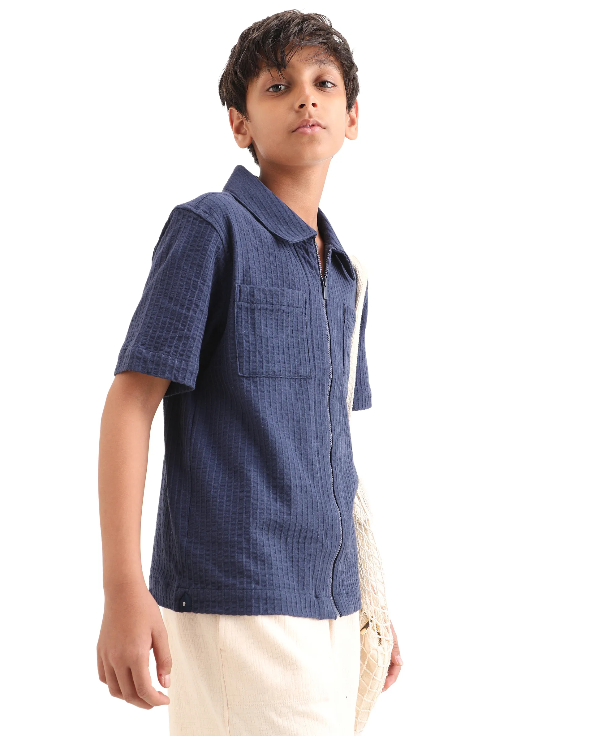 Rare Ones Kids Lomz Dark Navy Cotton Fabric Half Sleeve Tonal Stripe Shacket