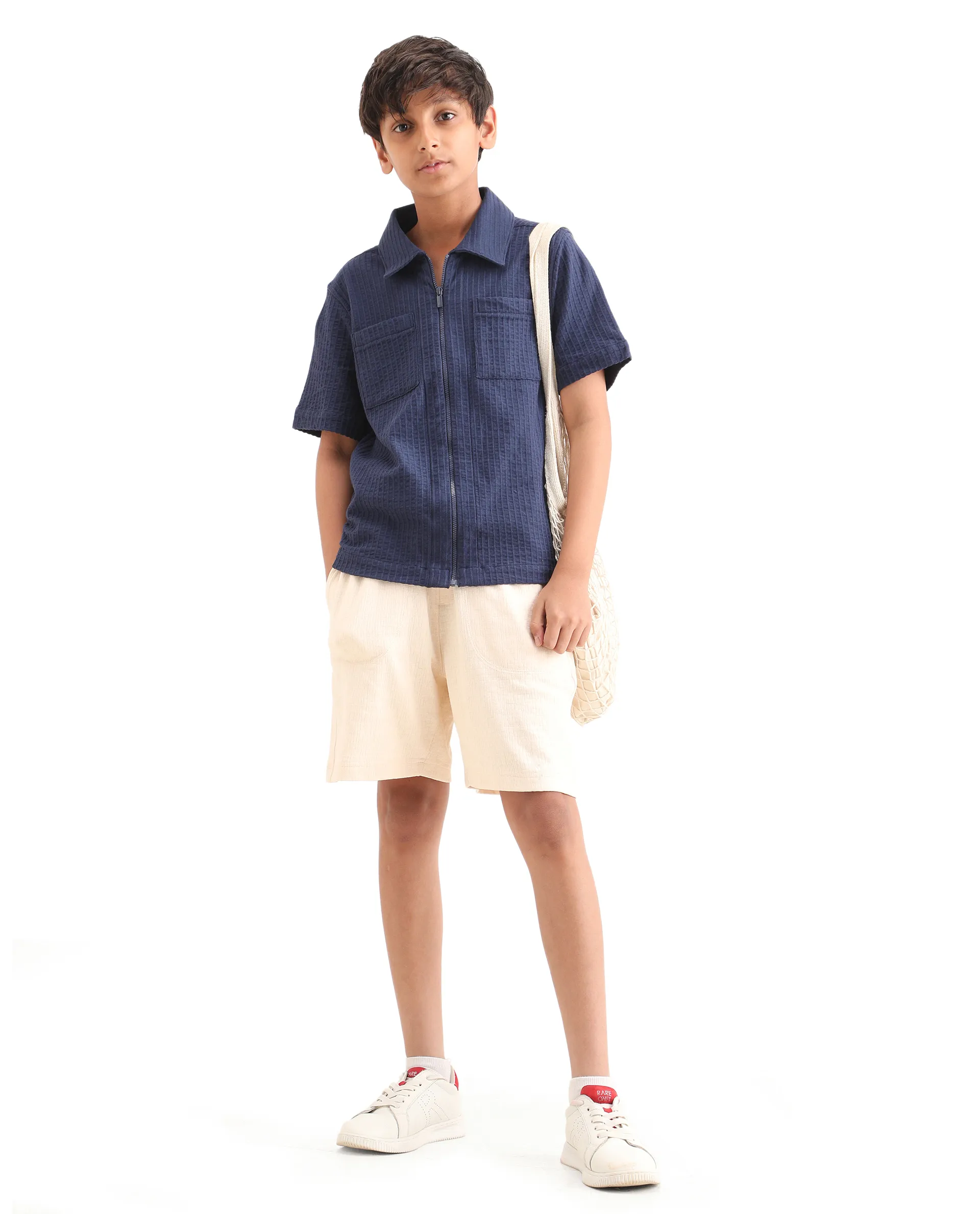 Rare Ones Kids Lomz Dark Navy Cotton Fabric Half Sleeve Tonal Stripe Shacket - Image 2