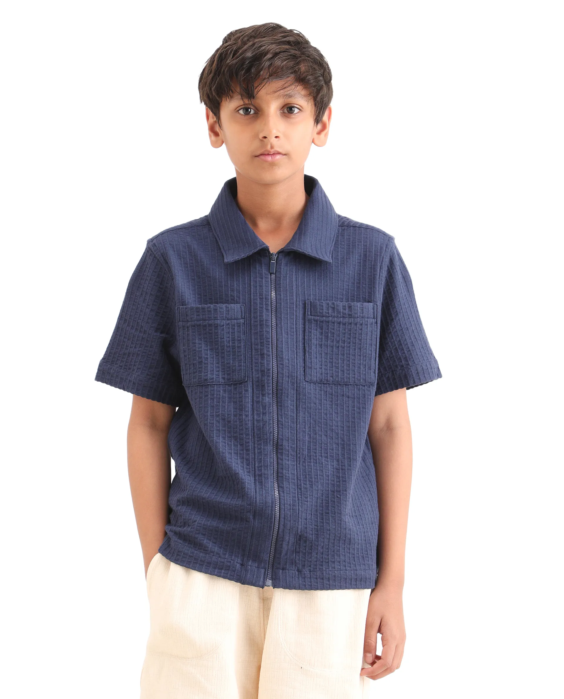 Rare Ones Kids Lomz Dark Navy Cotton Fabric Half Sleeve Tonal Stripe Shacket - Image 3