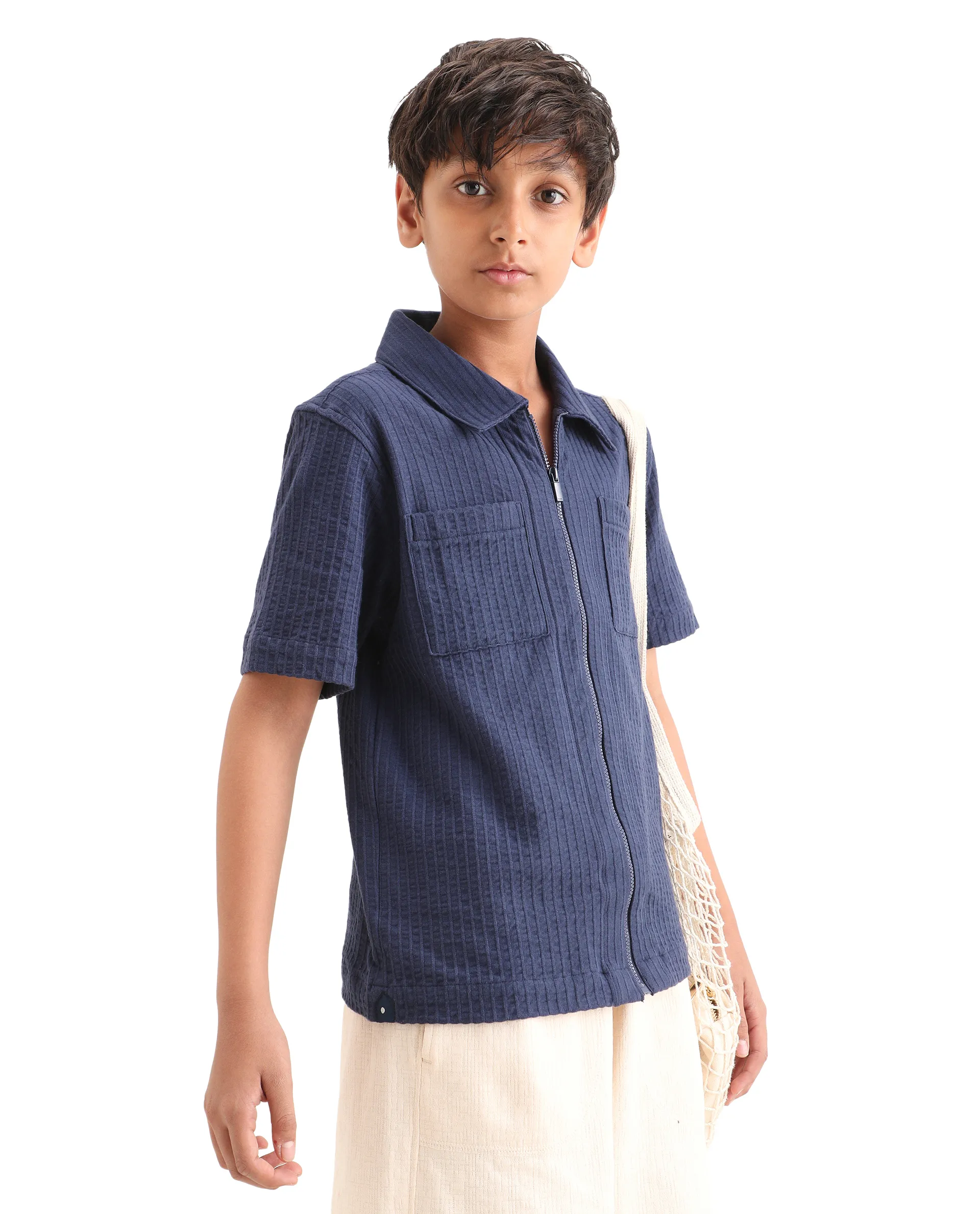 Rare Ones Kids Lomz Dark Navy Cotton Fabric Half Sleeve Tonal Stripe Shacket - Image 5