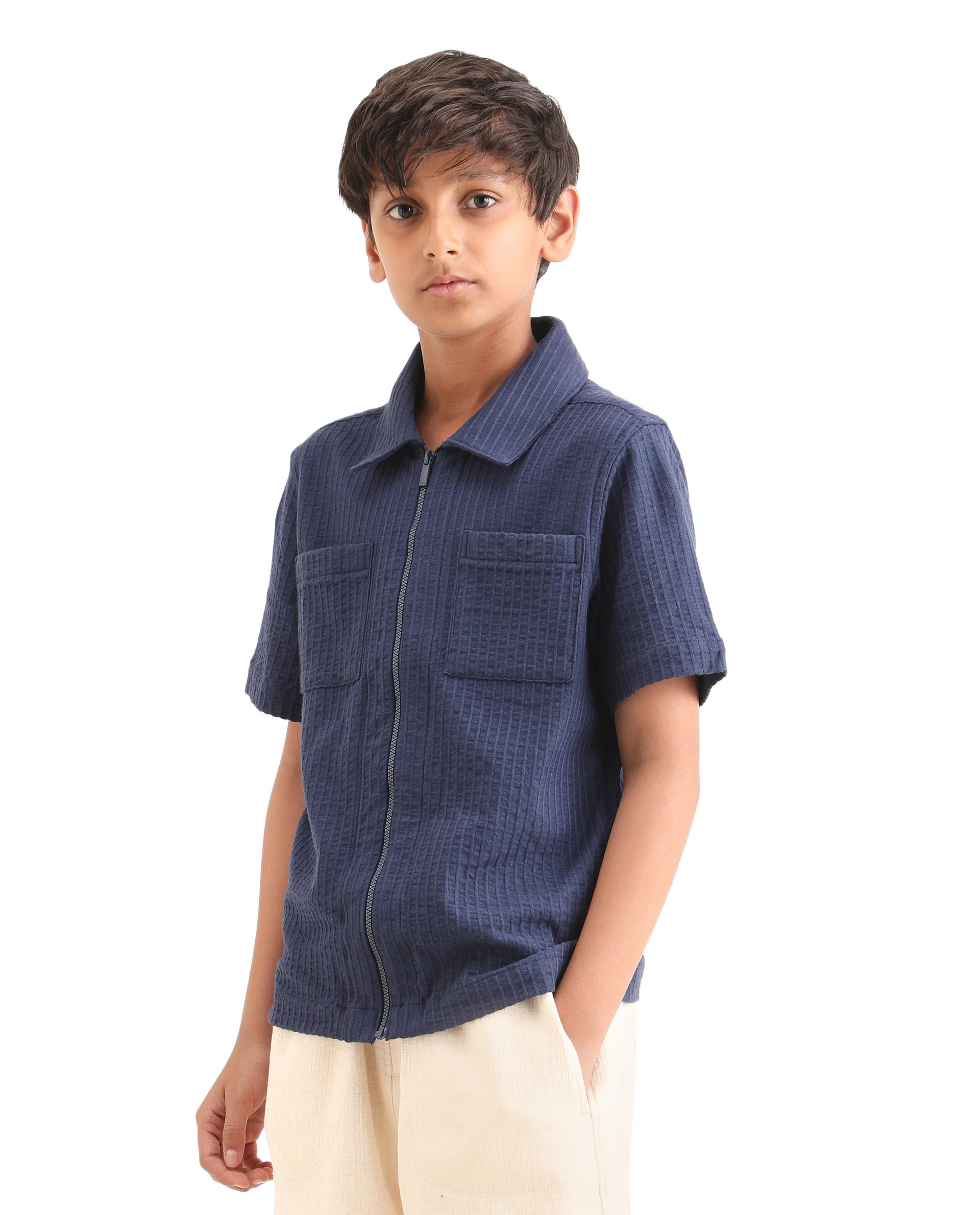 Rare Ones Kids Lomz Dark Navy Cotton Fabric Half Sleeve Tonal Stripe Shacket - Image 6