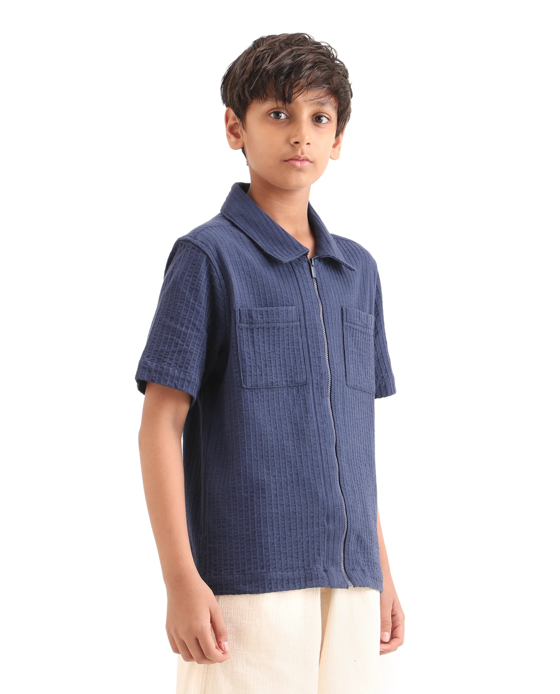 Rare Ones Kids Lomz Dark Navy Cotton Fabric Half Sleeve Tonal Stripe Shacket - Image 7