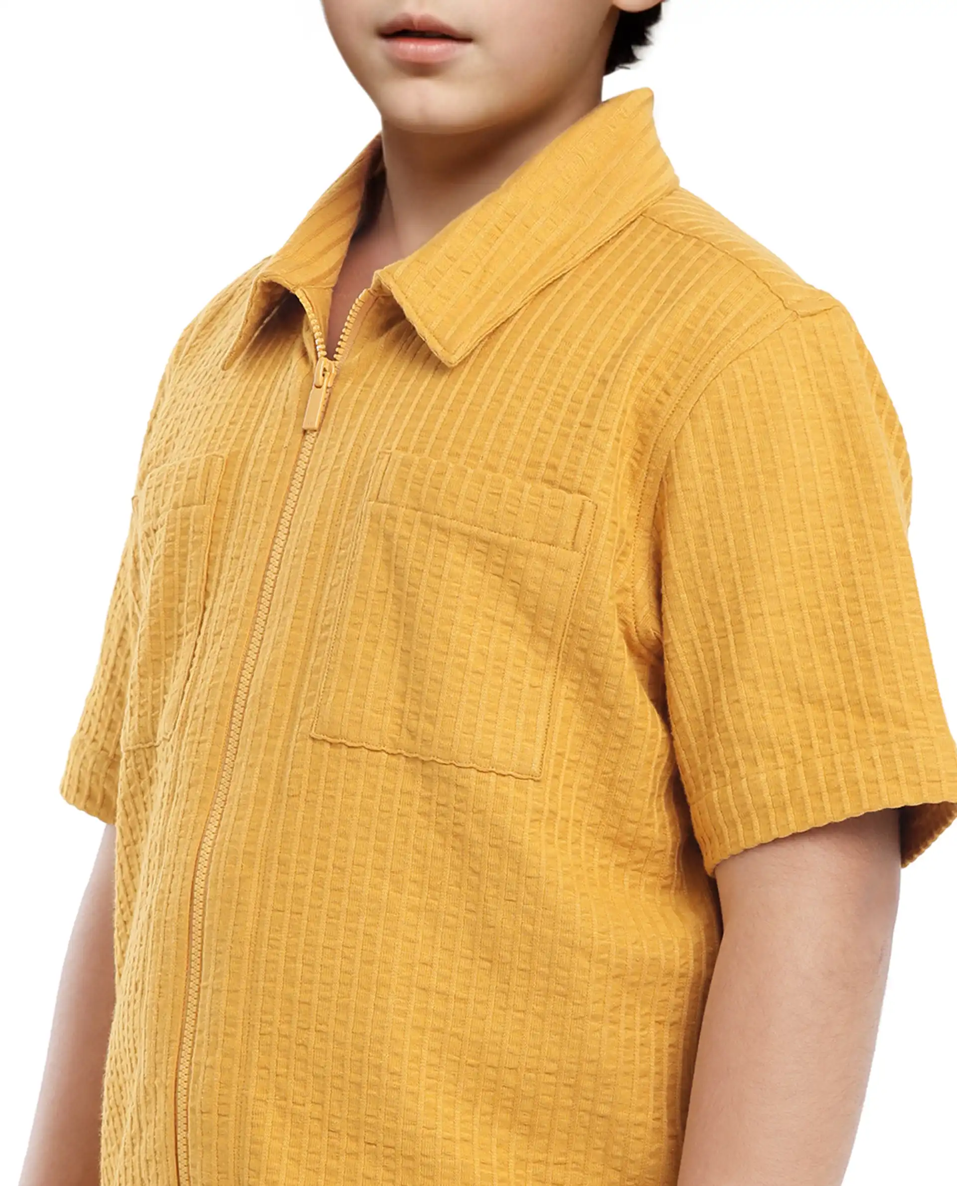 Rare Ones Kids Lomz Mustard Cotton Fabric Half Sleeve Tonal Stripe Shacket - Image 4