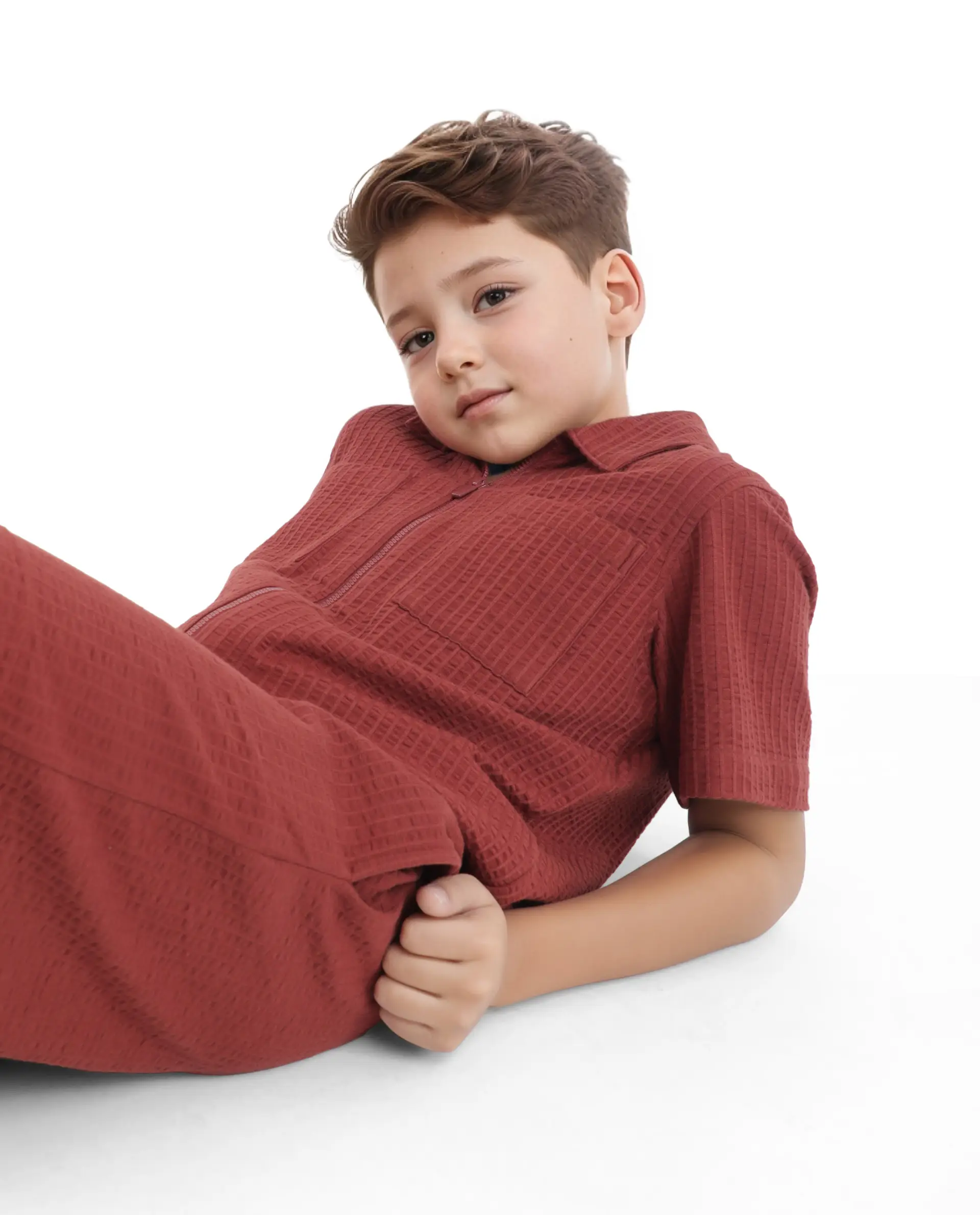Rare Ones Kids Lomz Rust Cotton Fabric Half Sleeve Tonal Stripe Shacket - Image 3