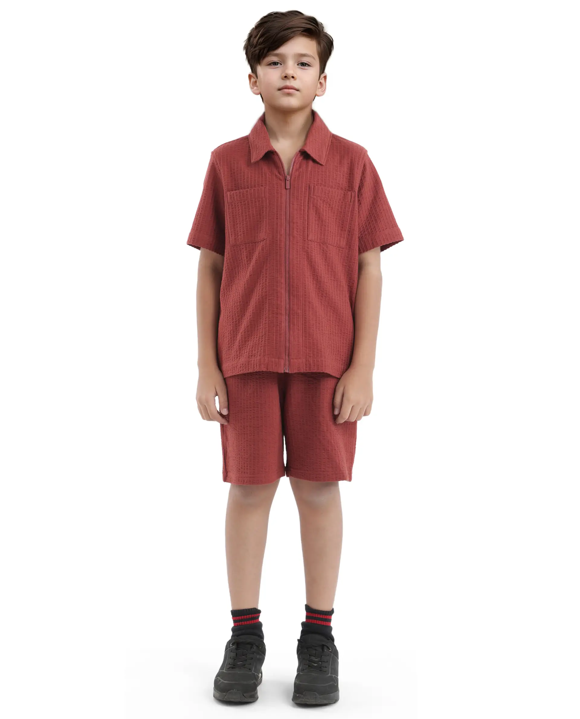Rare Ones Kids Lomz Rust Cotton Fabric Half Sleeve Tonal Stripe Shacket - Image 4