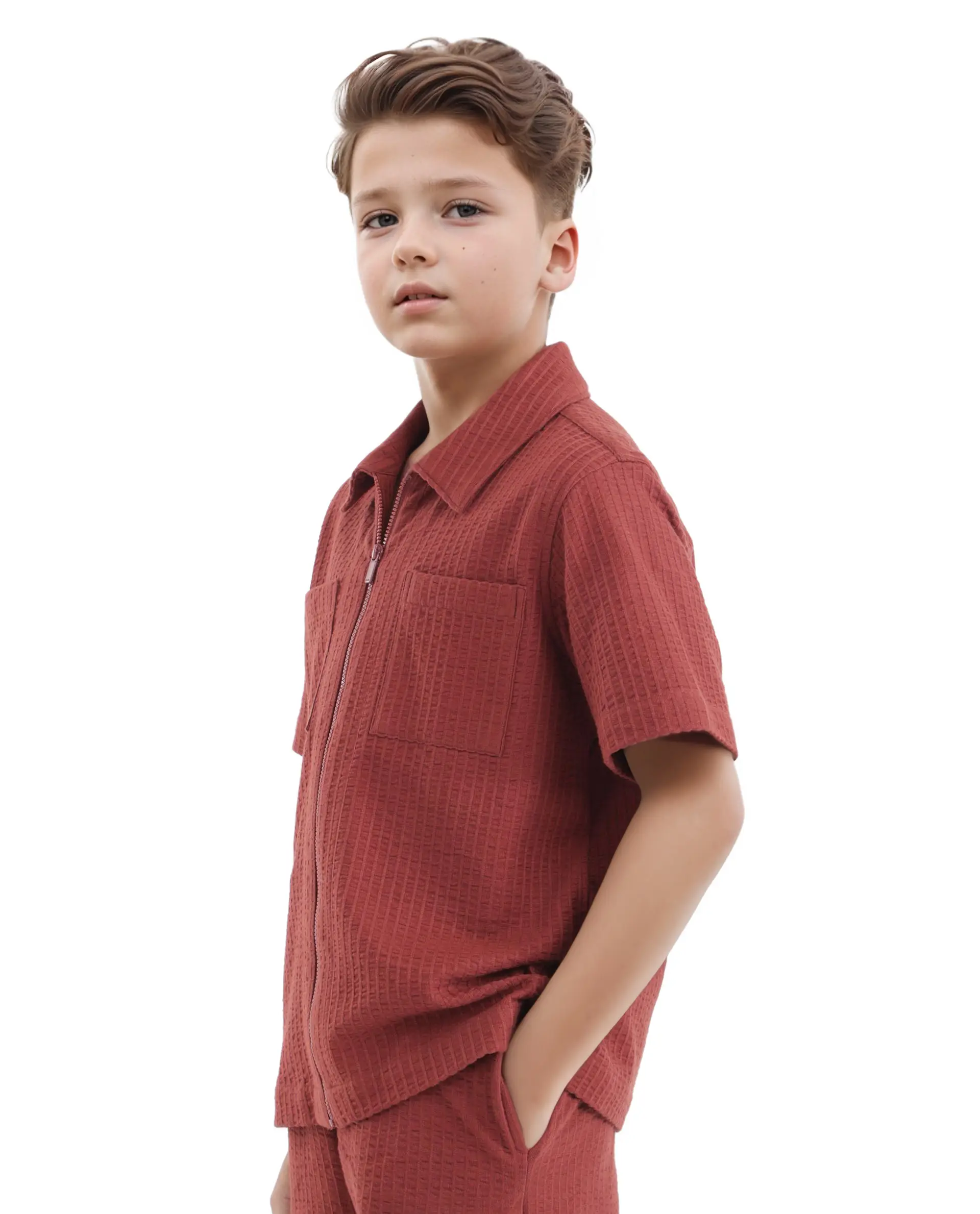 Rare Ones Kids Lomz Rust Cotton Fabric Half Sleeve Tonal Stripe Shacket - Image 6