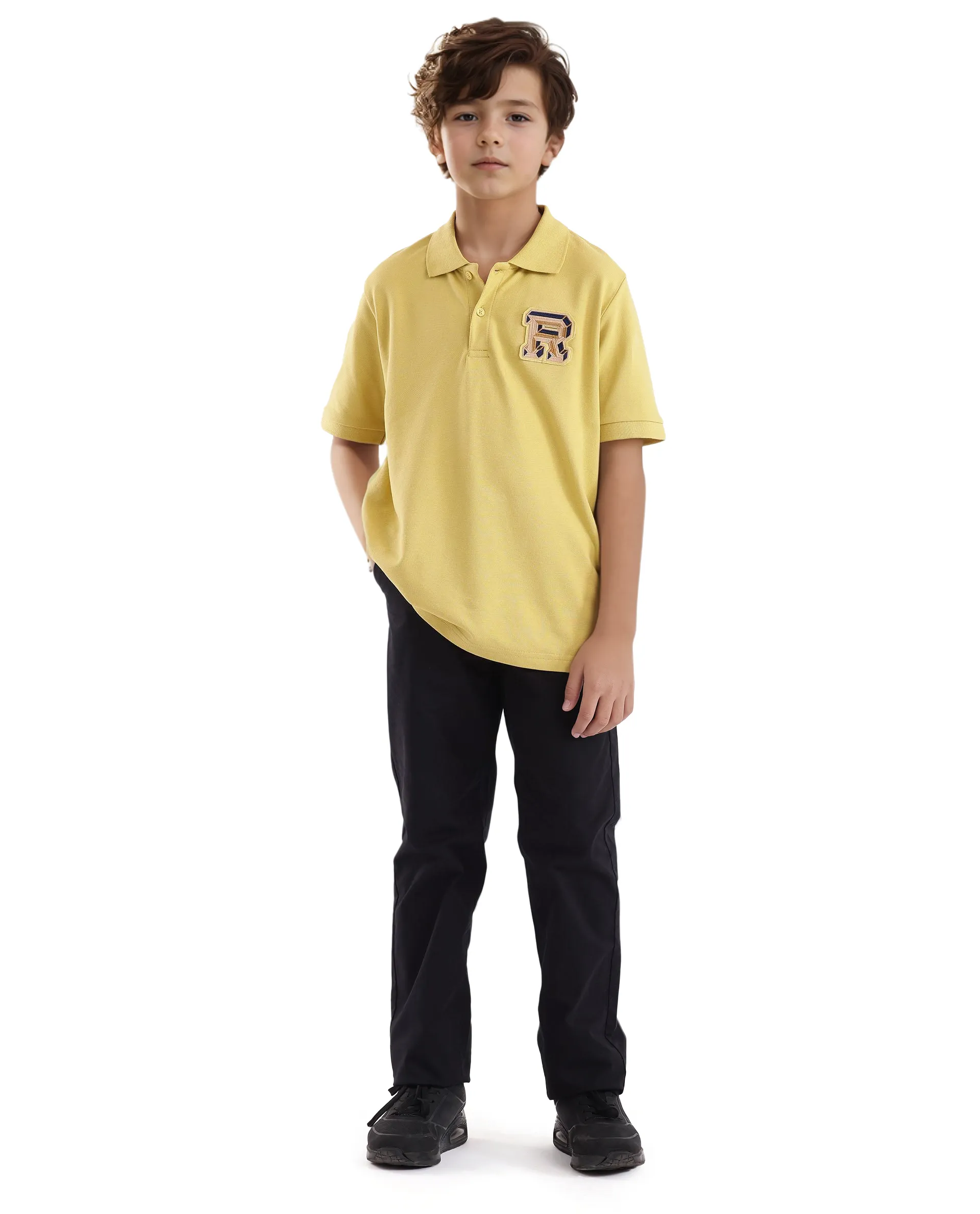 Rare Ones Kids Luan Flouroscent Yellow Cotton Short Sleeve Applique Print Polo - Image 2