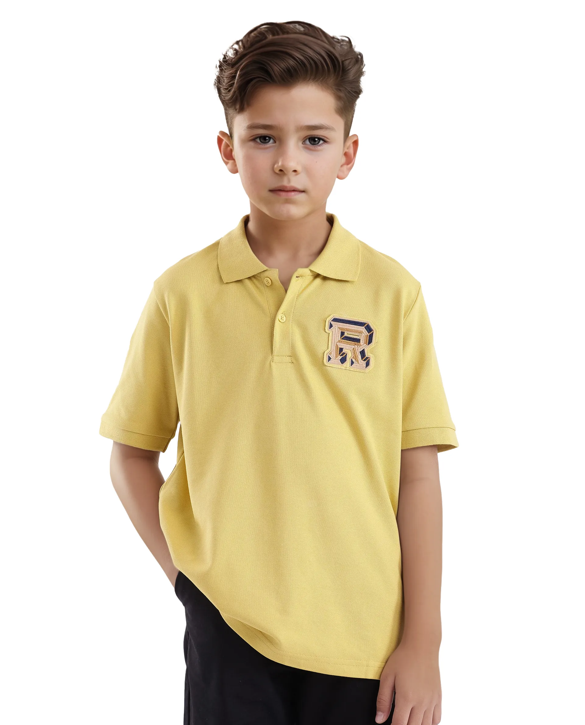 Rare Ones Kids Luan Flouroscent Yellow Cotton Short Sleeve Applique Print Polo - Image 5