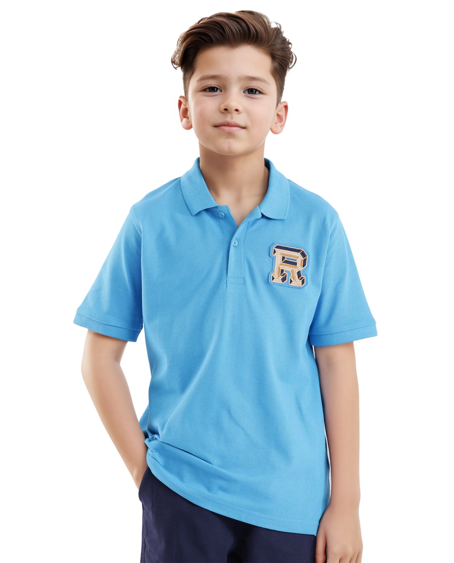 Rare Ones Kids Luan Light Blue Cotton Short Sleeve Applique Print Polo - Image 4