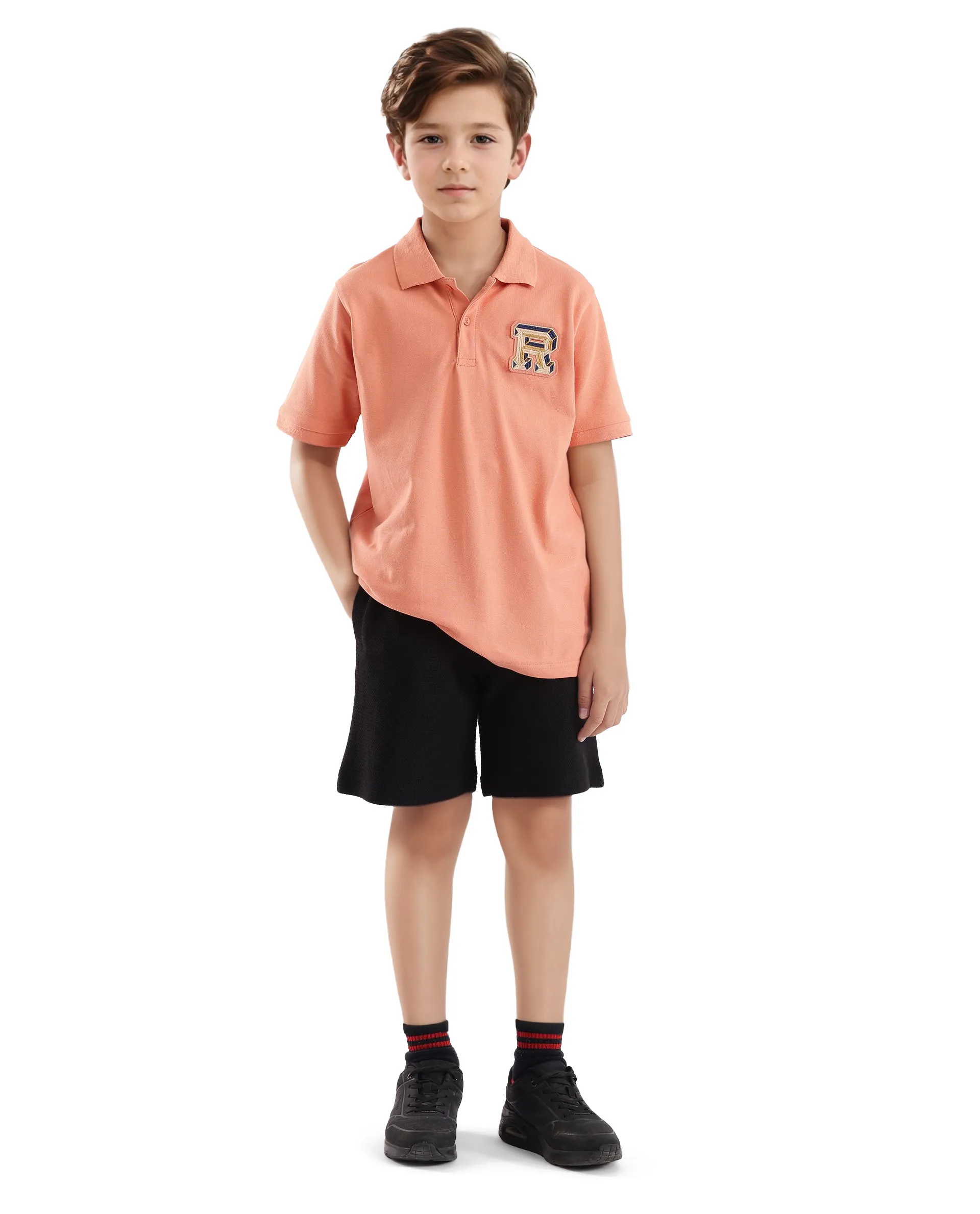 Rare Ones Kids Luan Light Orange Cotton Short Sleeve Applique Polo - Image 2