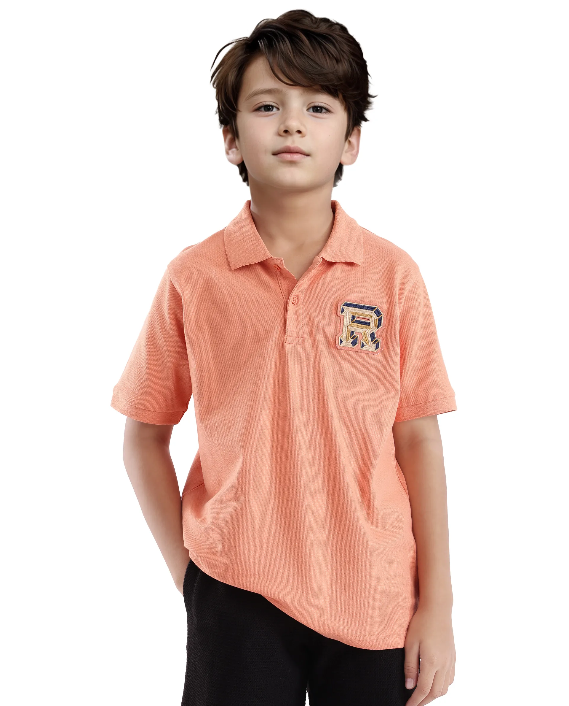 Rare Ones Kids Luan Light Orange Cotton Short Sleeve Applique Polo - Image 5