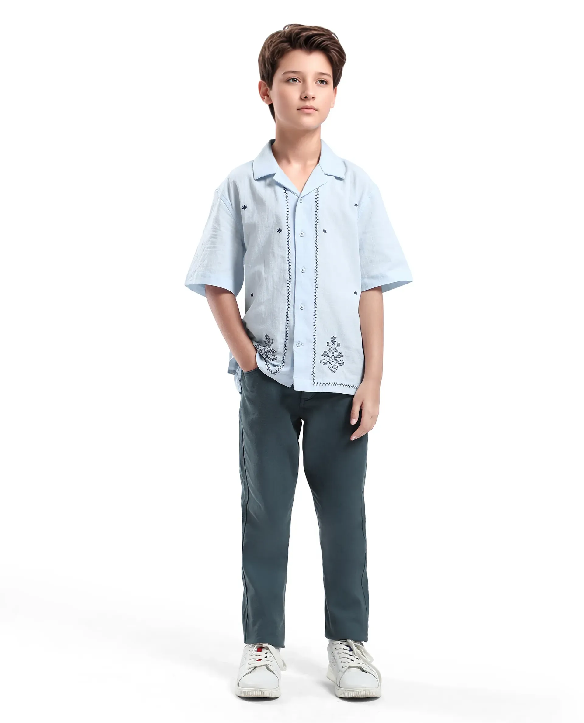 Rare Ones Kids Lucy Light Blue Cotton Half Sleeve Button Embroidered Regular Fit Shirt - Image 2