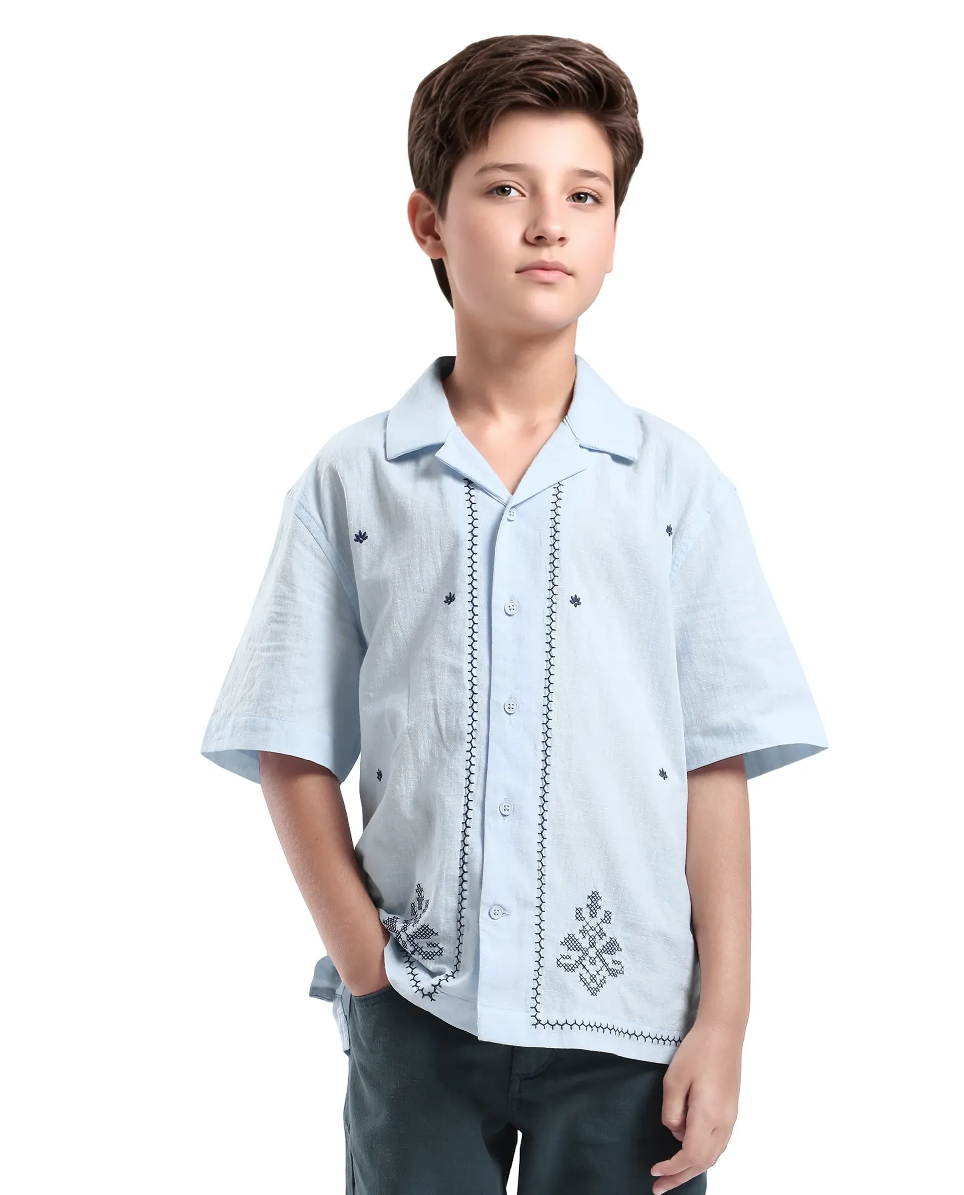 Rare Ones Kids Lucy Light Blue Cotton Half Sleeve Button Embroidered Regular Fit Shirt - Image 3