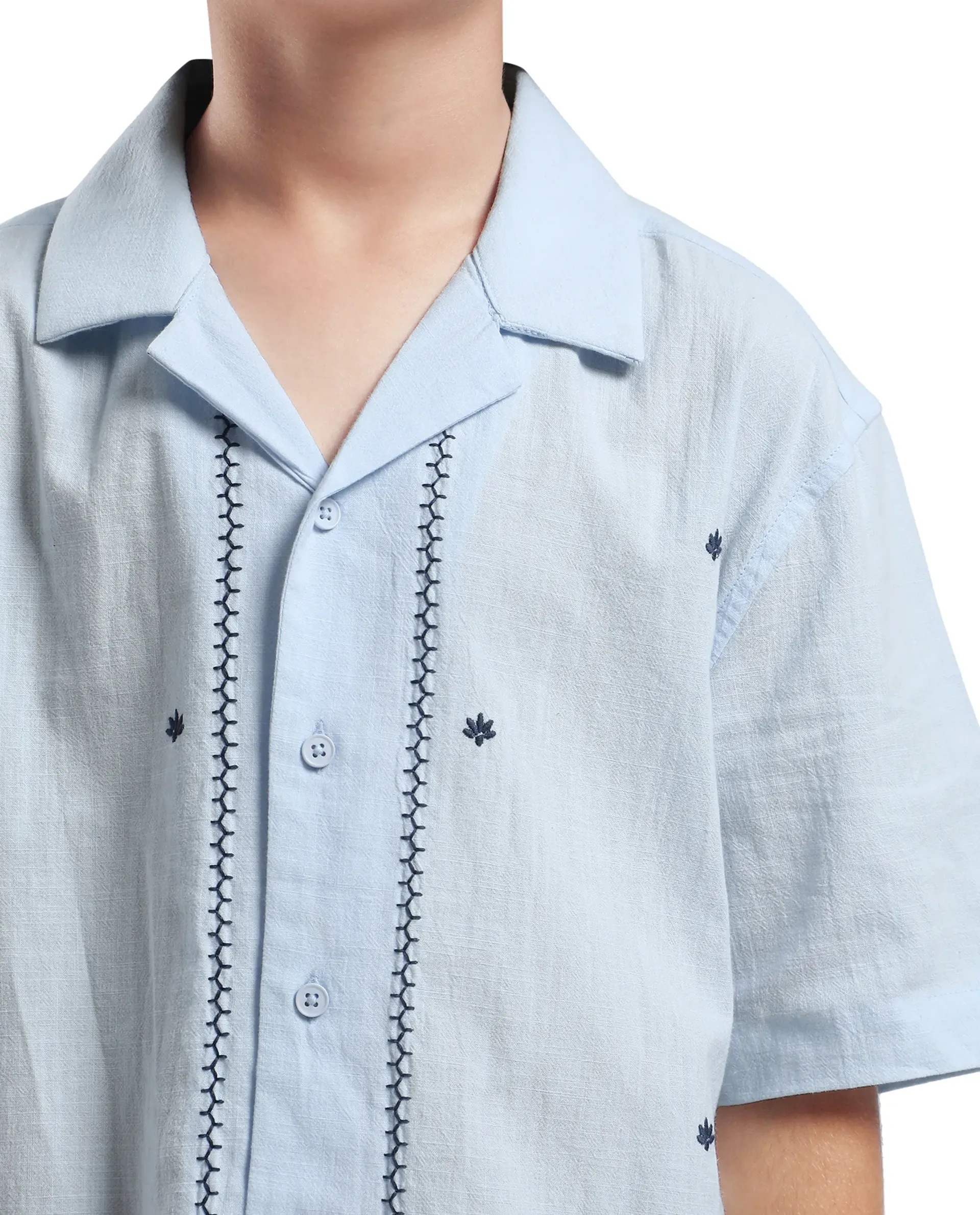 Rare Ones Kids Lucy Light Blue Cotton Half Sleeve Button Embroidered Regular Fit Shirt - Image 4