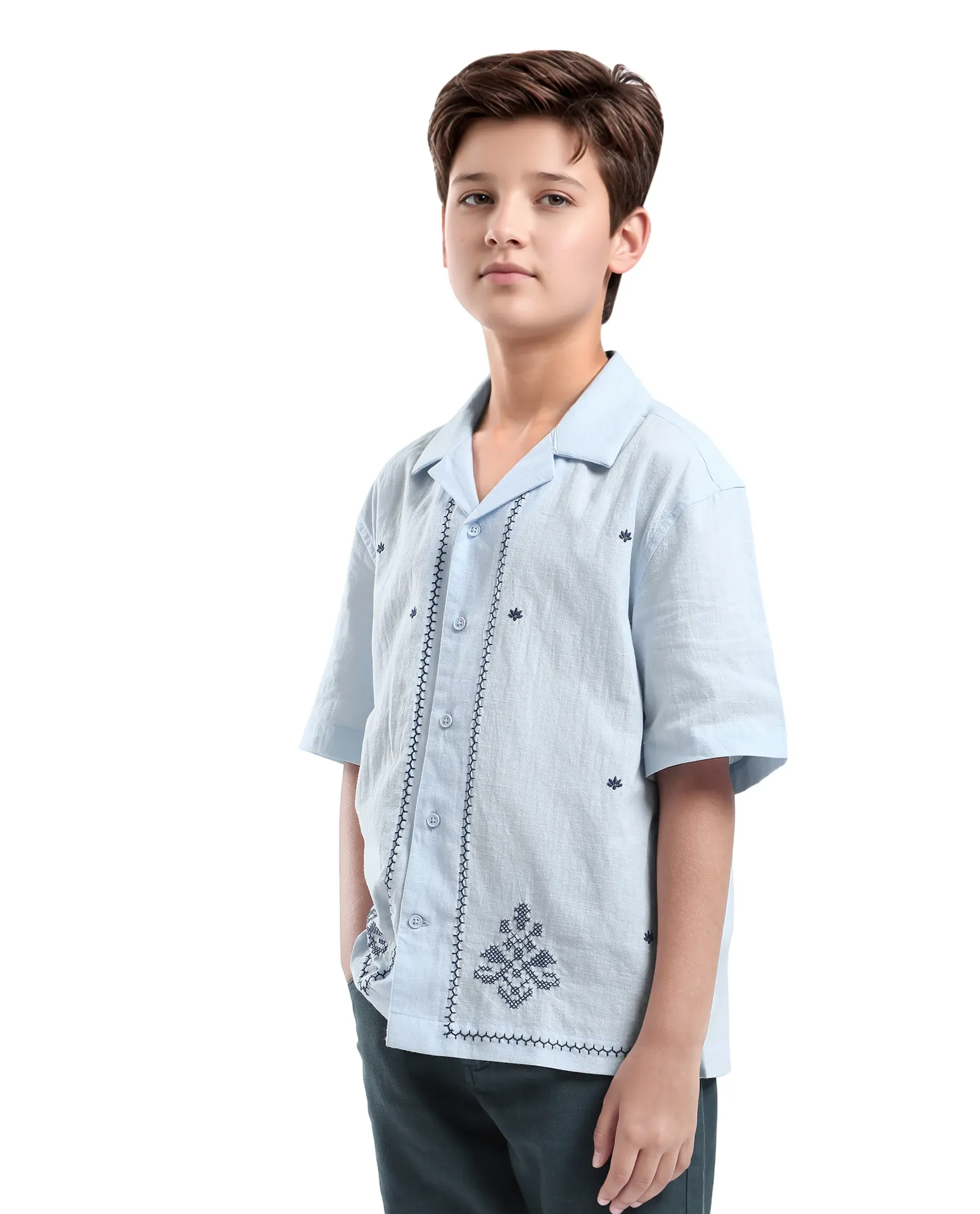 Rare Ones Kids Lucy Light Blue Cotton Half Sleeve Button Embroidered Regular Fit Shirt - Image 5