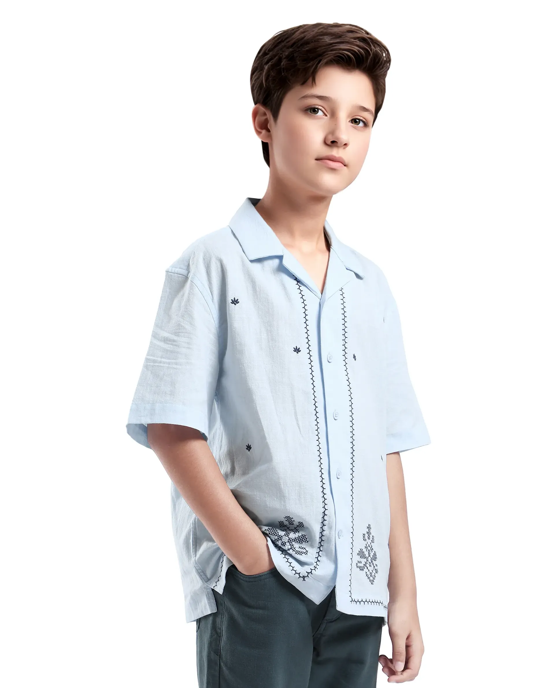 Rare Ones Kids Lucy Light Blue Cotton Half Sleeve Button Embroidered Regular Fit Shirt - Image 6