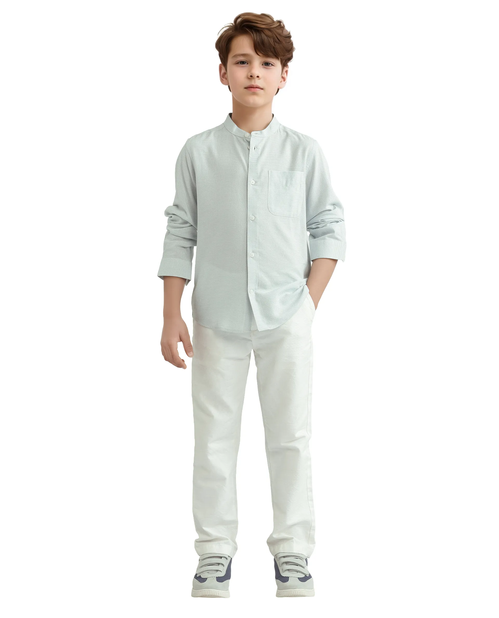 Rare Ones Kids Lynx Light Blue Cotton Blend Long Sleeve Mandarin Collar Striped Shirt - Image 2