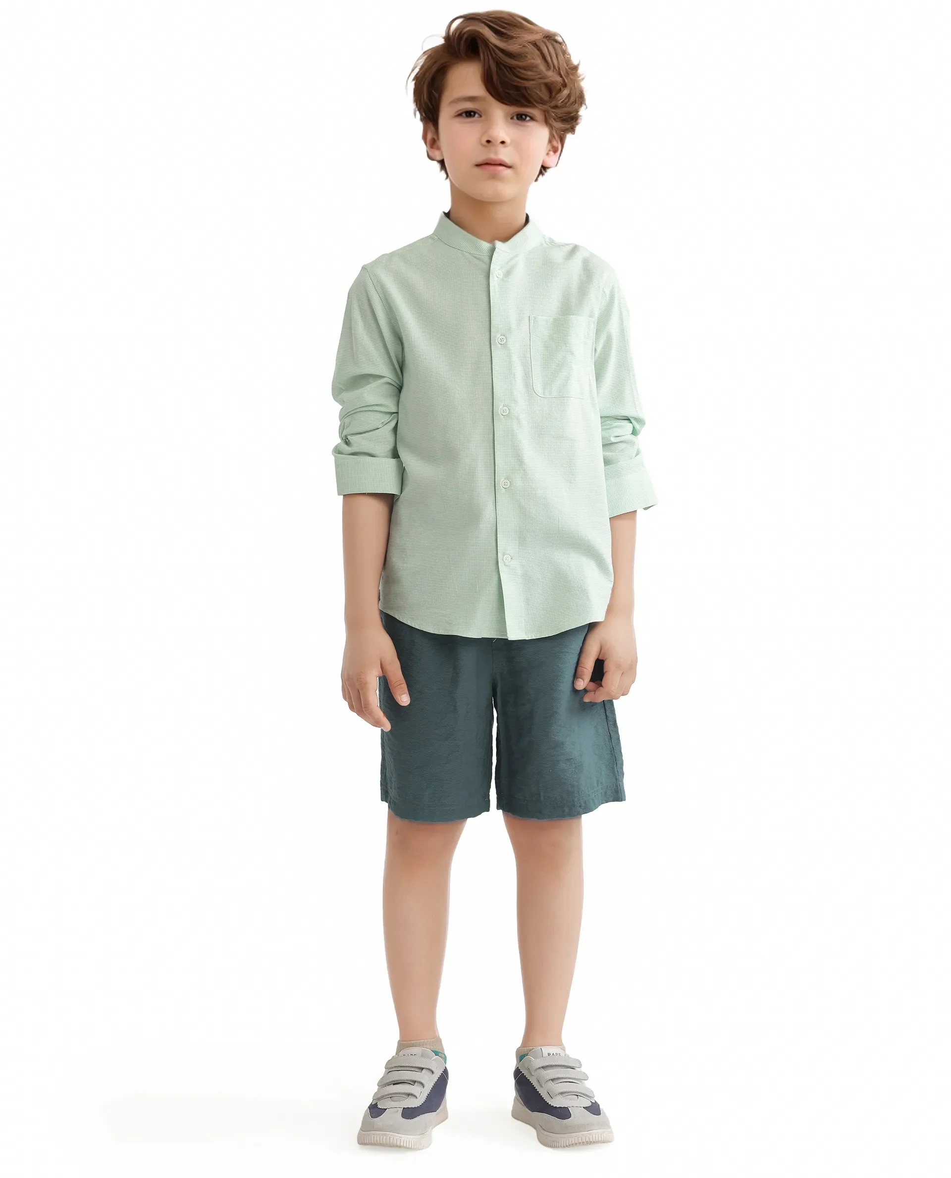 Rare Ones Kids Lynx Light Green Cotton Blend Full Sleeve Mandarin Collar Self Striped Embroidered Signature Shirt - Image 2