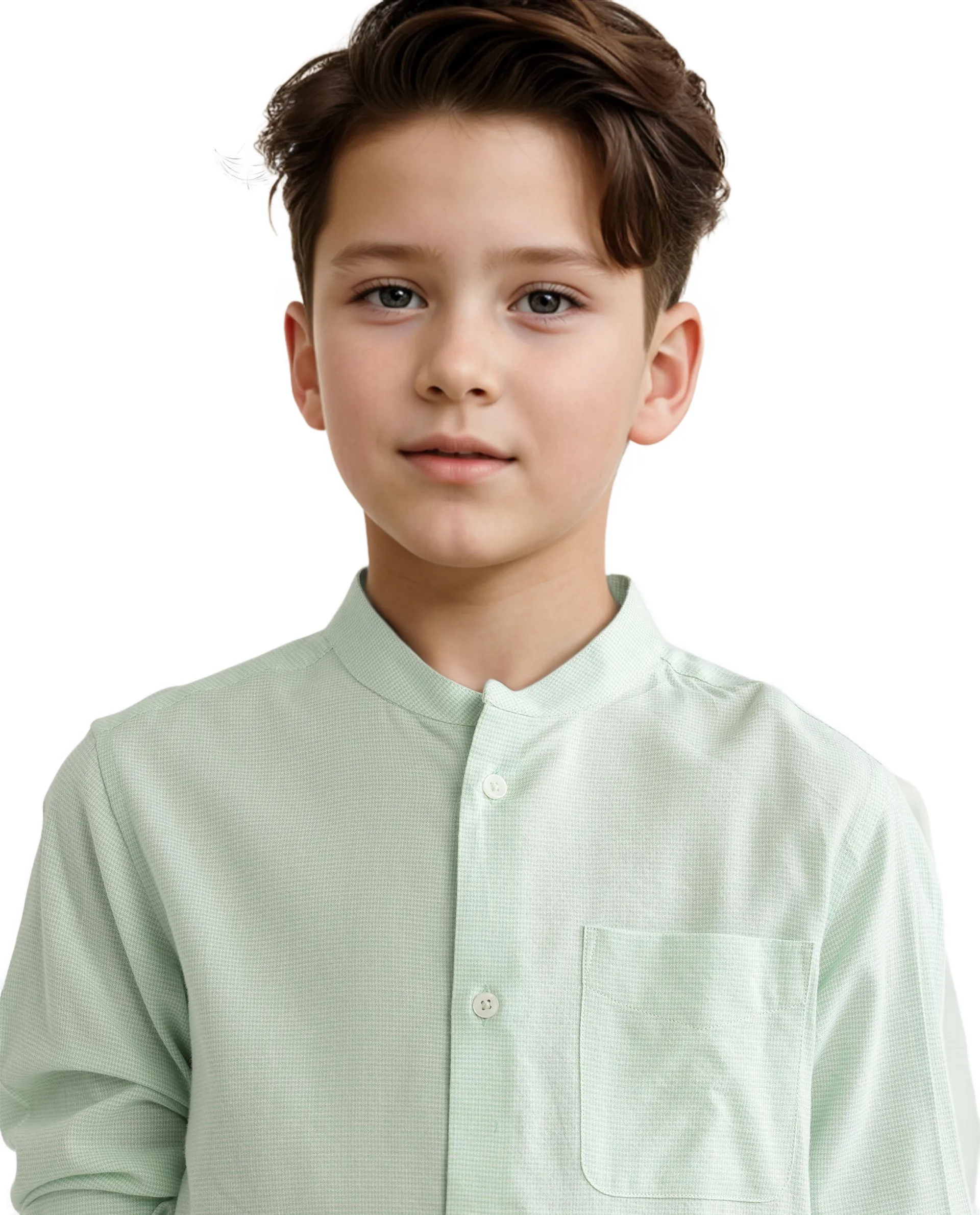 Rare Ones Kids Lynx Light Green Cotton Blend Full Sleeve Mandarin Collar Self Striped Embroidered Signature Shirt - Image 3
