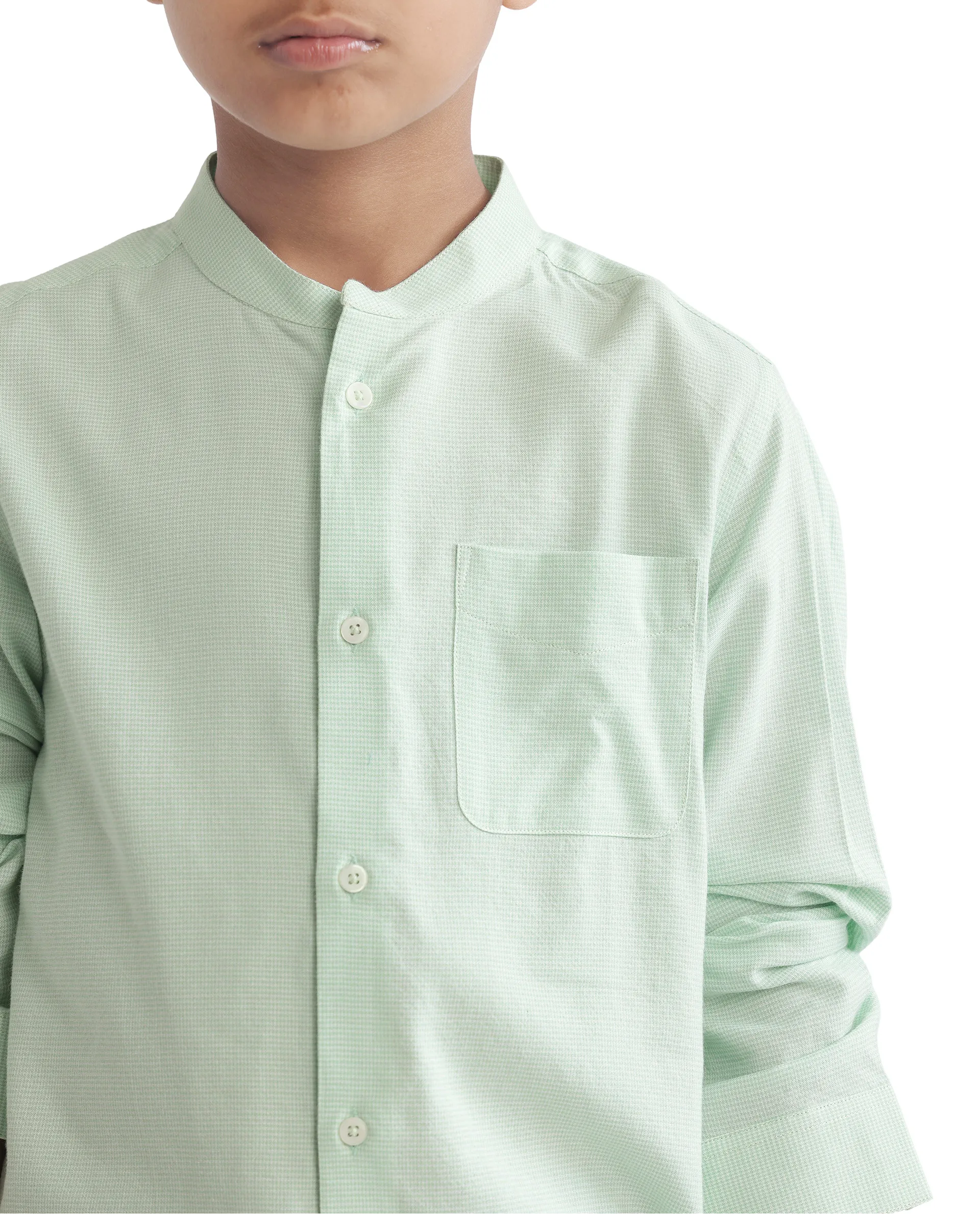 Rare Ones Kids Lynx Light Green Cotton Blend Full Sleeve Mandarin Collar Self Striped Embroidered Signature Shirt - Image 4