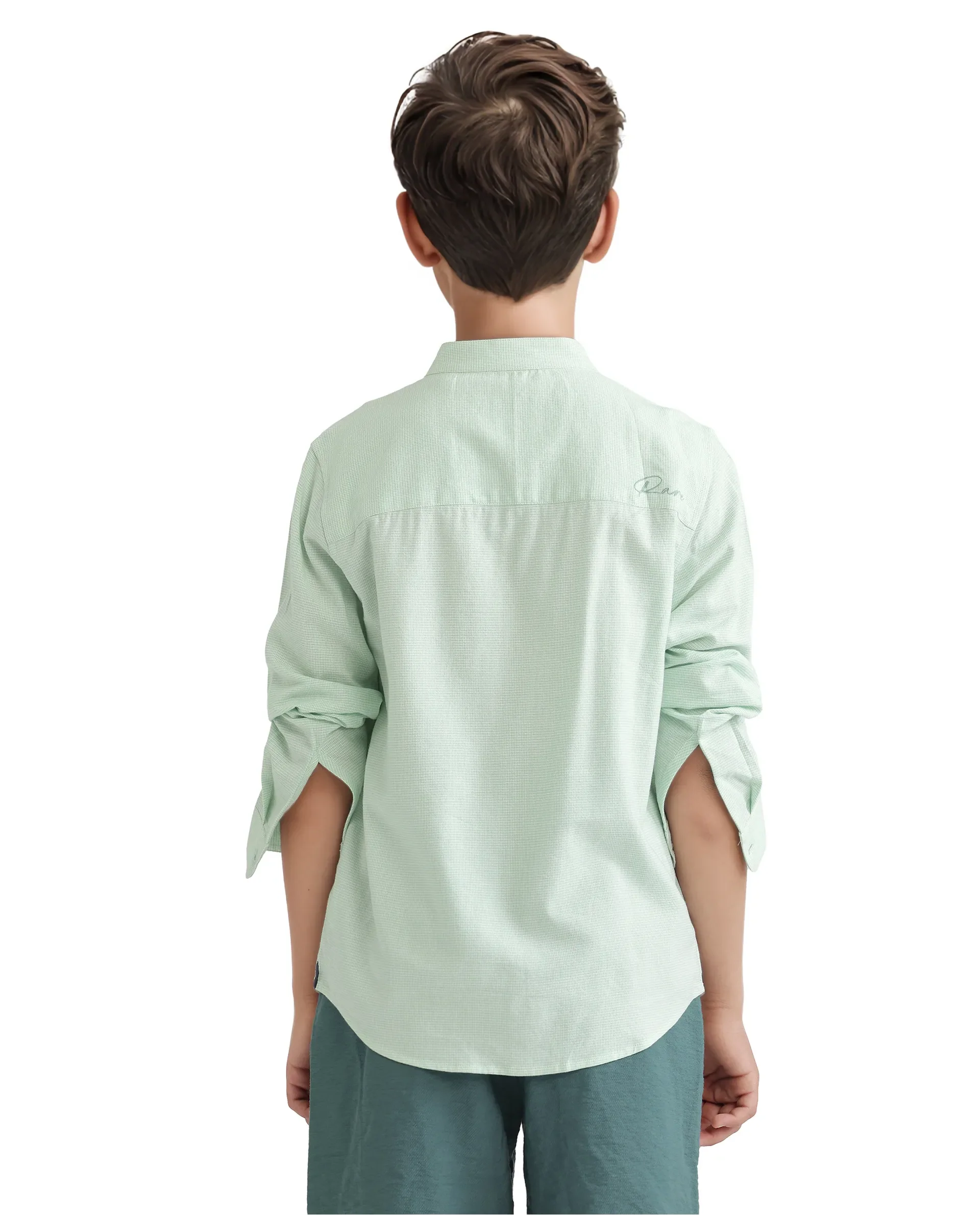 Rare Ones Kids Lynx Light Green Cotton Blend Full Sleeve Mandarin Collar Self Striped Embroidered Signature Shirt - Image 5