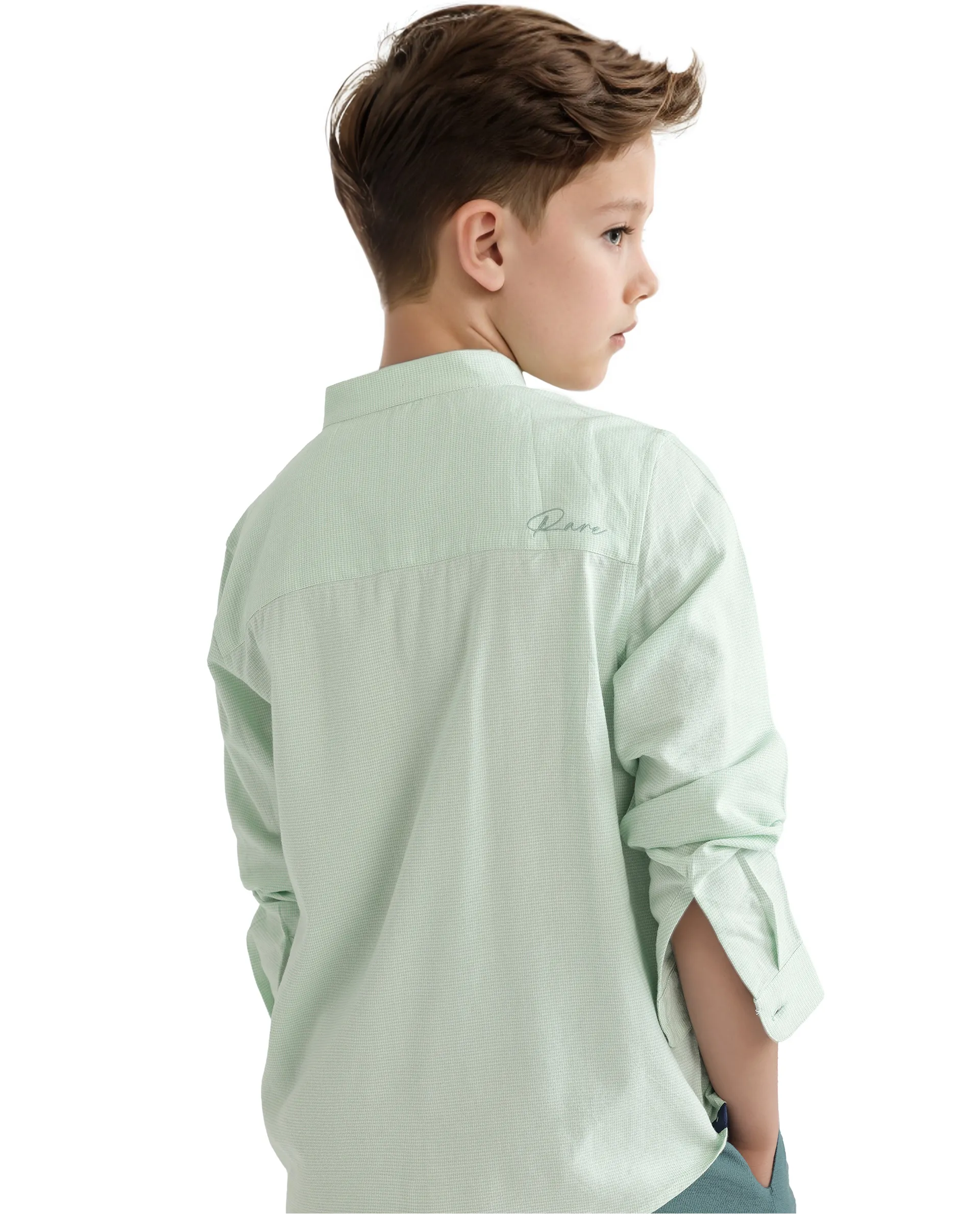 Rare Ones Kids Lynx Light Green Cotton Blend Full Sleeve Mandarin Collar Self Striped Embroidered Signature Shirt - Image 6