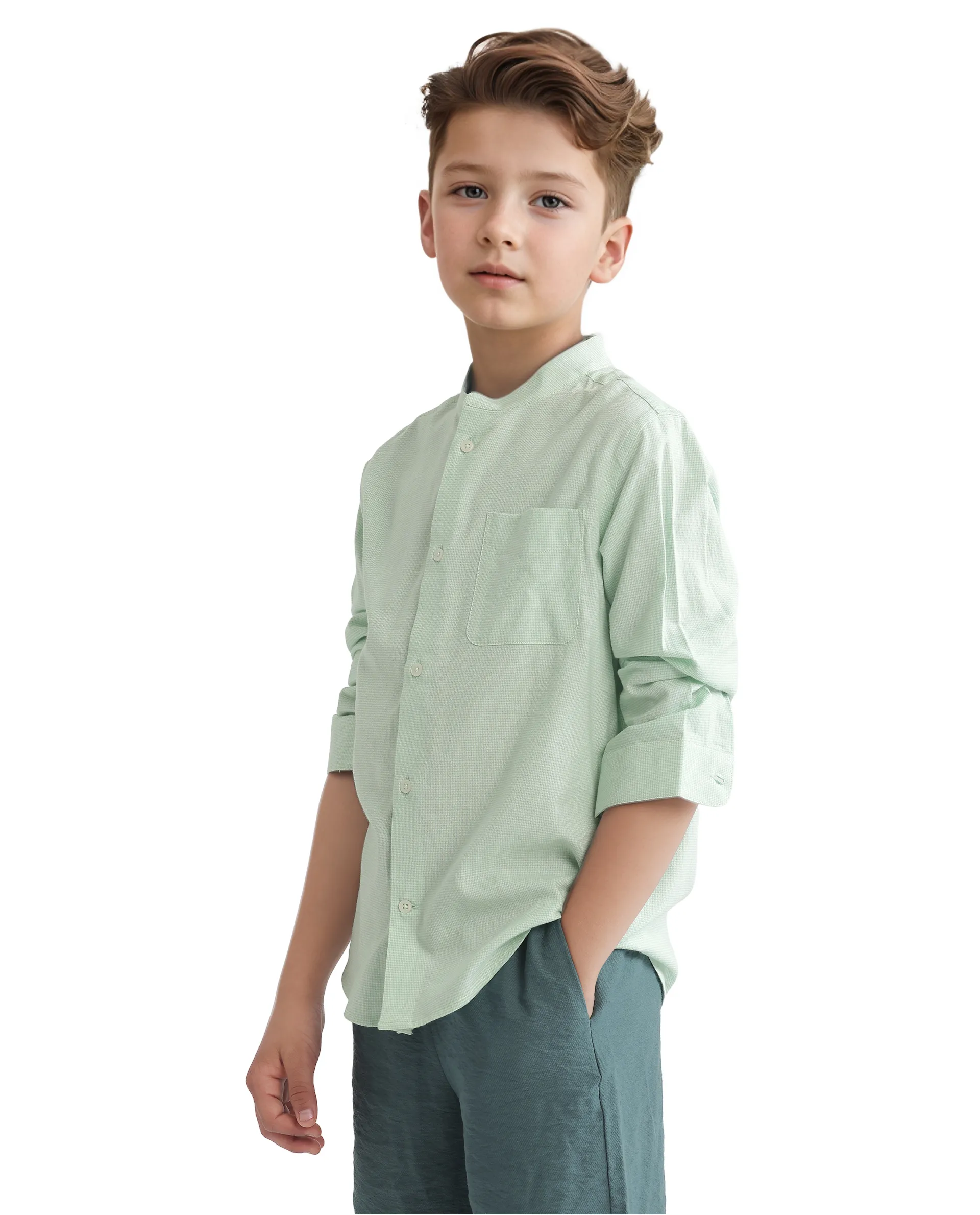 Rare Ones Kids Lynx Light Green Cotton Blend Full Sleeve Mandarin Collar Self Striped Embroidered Signature Shirt - Image 7