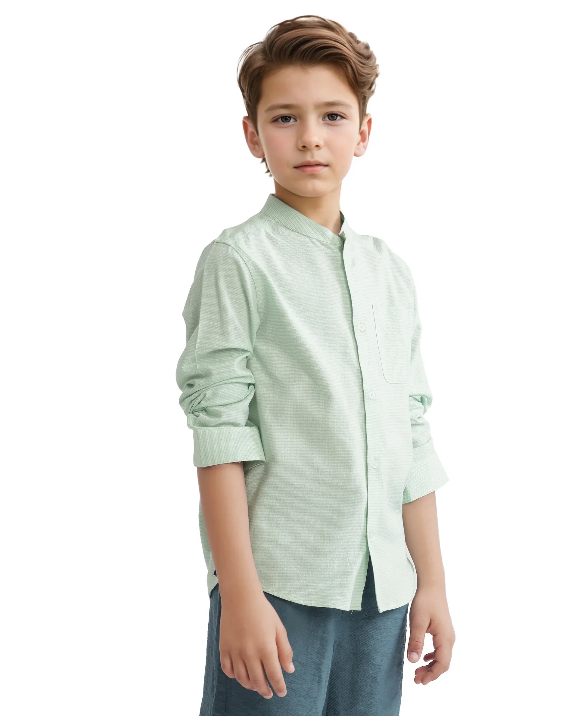 Rare Ones Kids Lynx Light Green Cotton Blend Full Sleeve Mandarin Collar Self Striped Embroidered Signature Shirt - Image 8