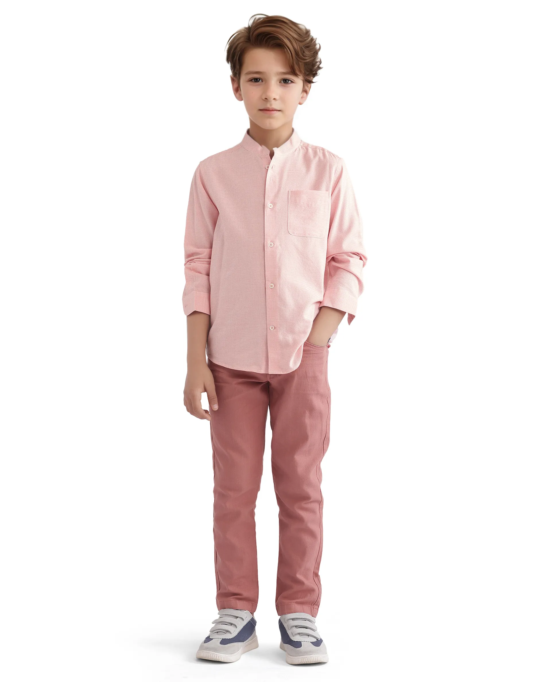 Rare Ones Kids Lynx Peach Cotton Blend Full Sleeve Mandarin Collar Self Striped Embroidered Signature Shirt - Image 2