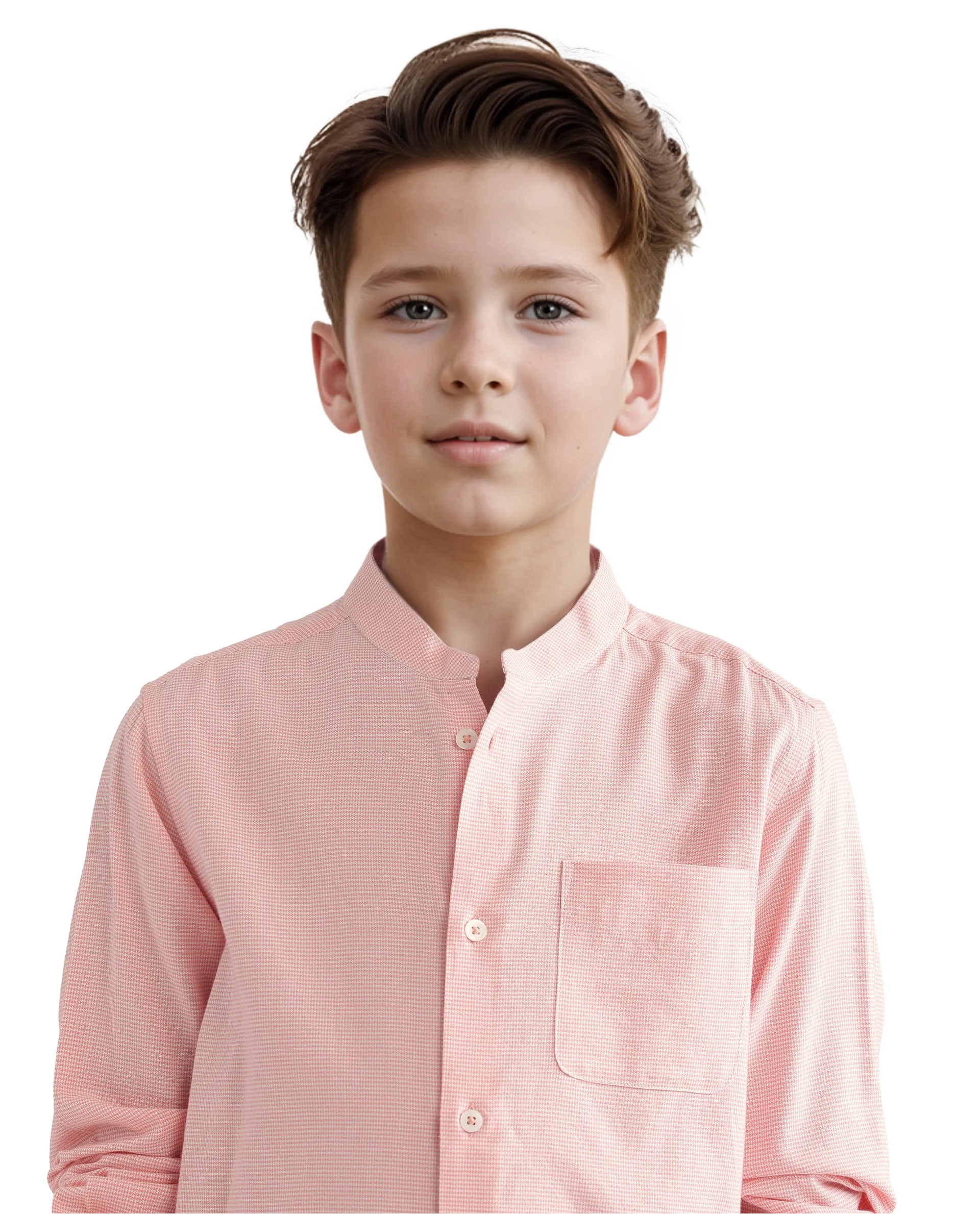 Rare Ones Kids Lynx Peach Cotton Blend Full Sleeve Mandarin Collar Self Striped Embroidered Signature Shirt - Image 4