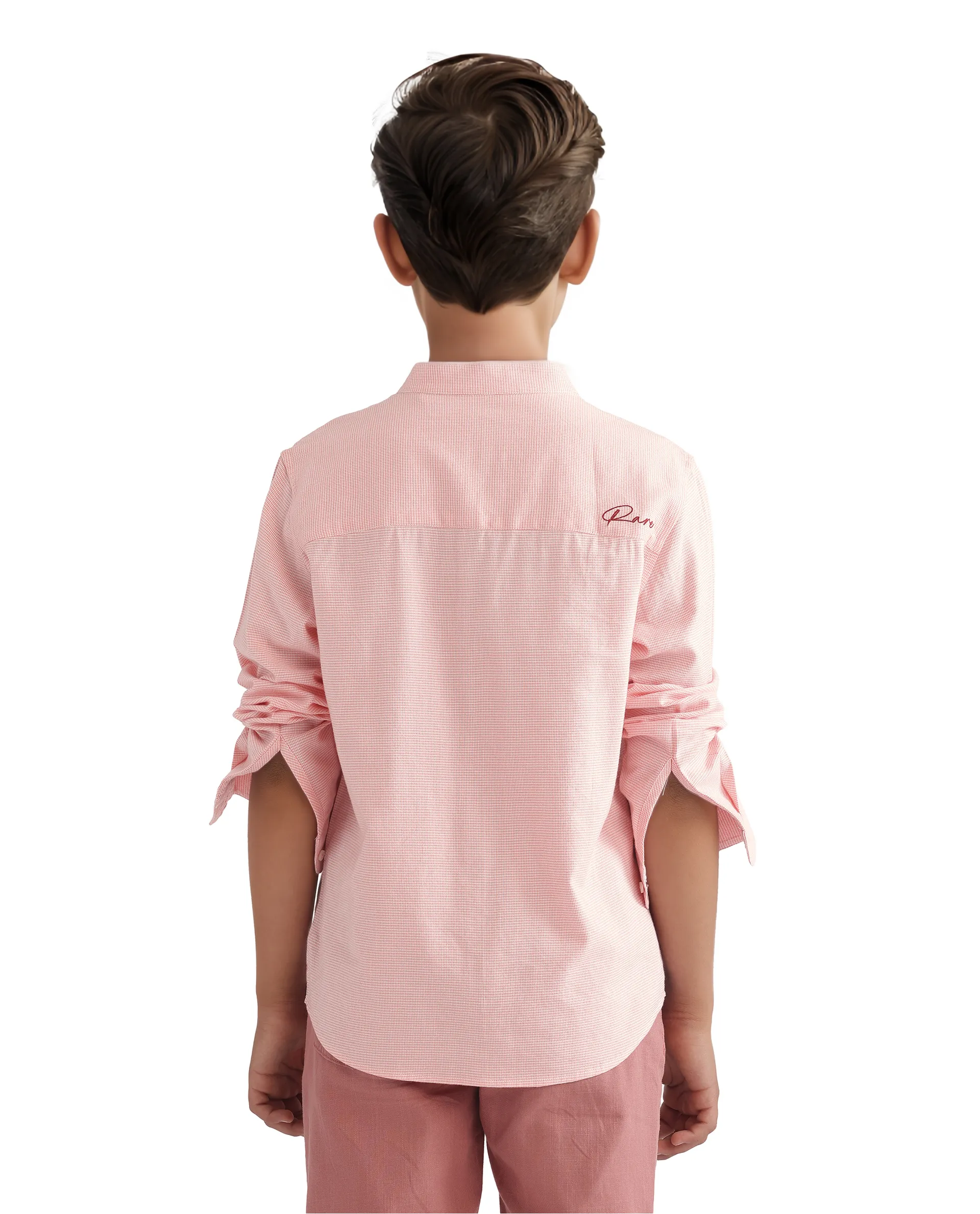 Rare Ones Kids Lynx Peach Cotton Blend Full Sleeve Mandarin Collar Self Striped Embroidered Signature Shirt - Image 5