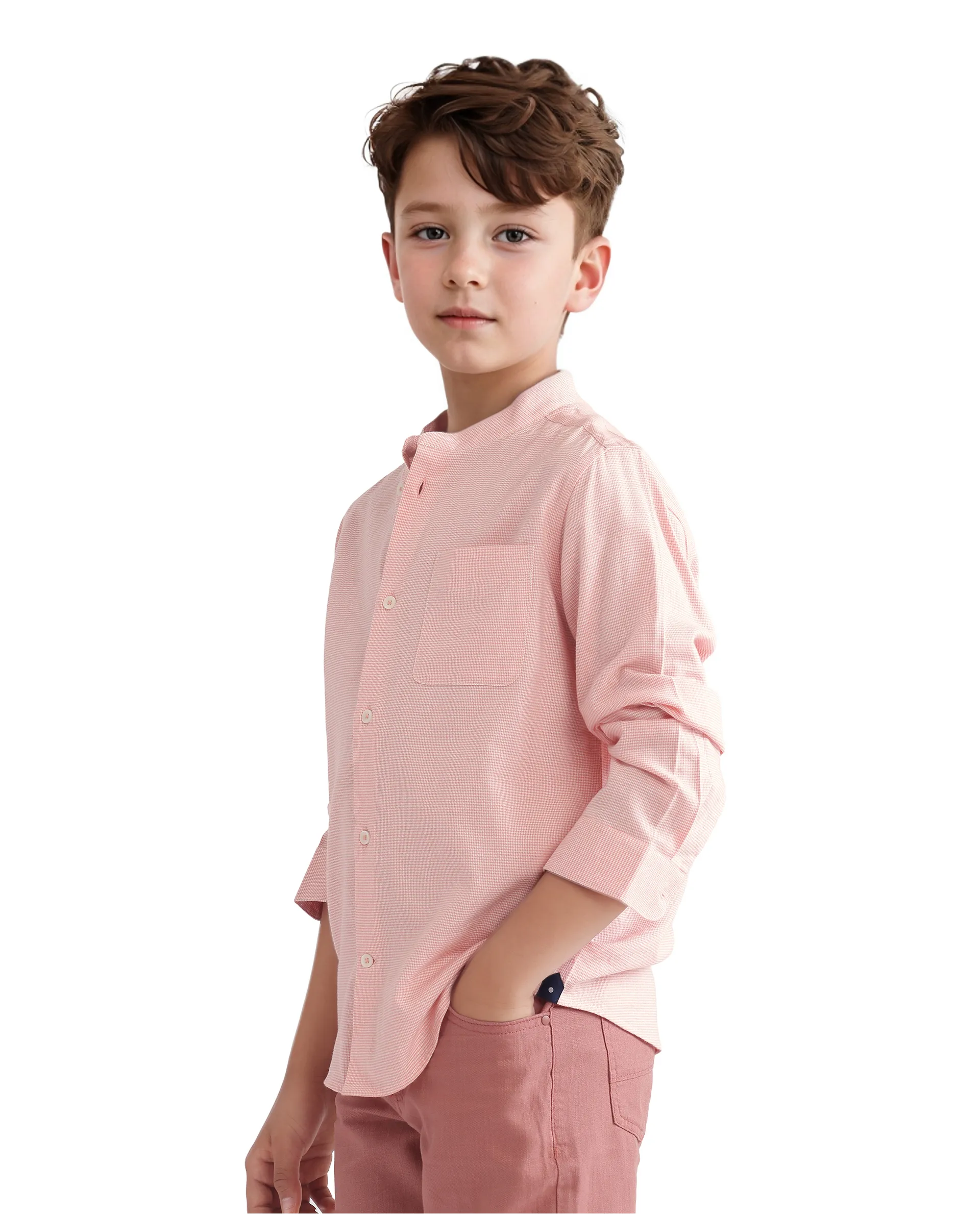 Rare Ones Kids Lynx Peach Cotton Blend Full Sleeve Mandarin Collar Self Striped Embroidered Signature Shirt - Image 6