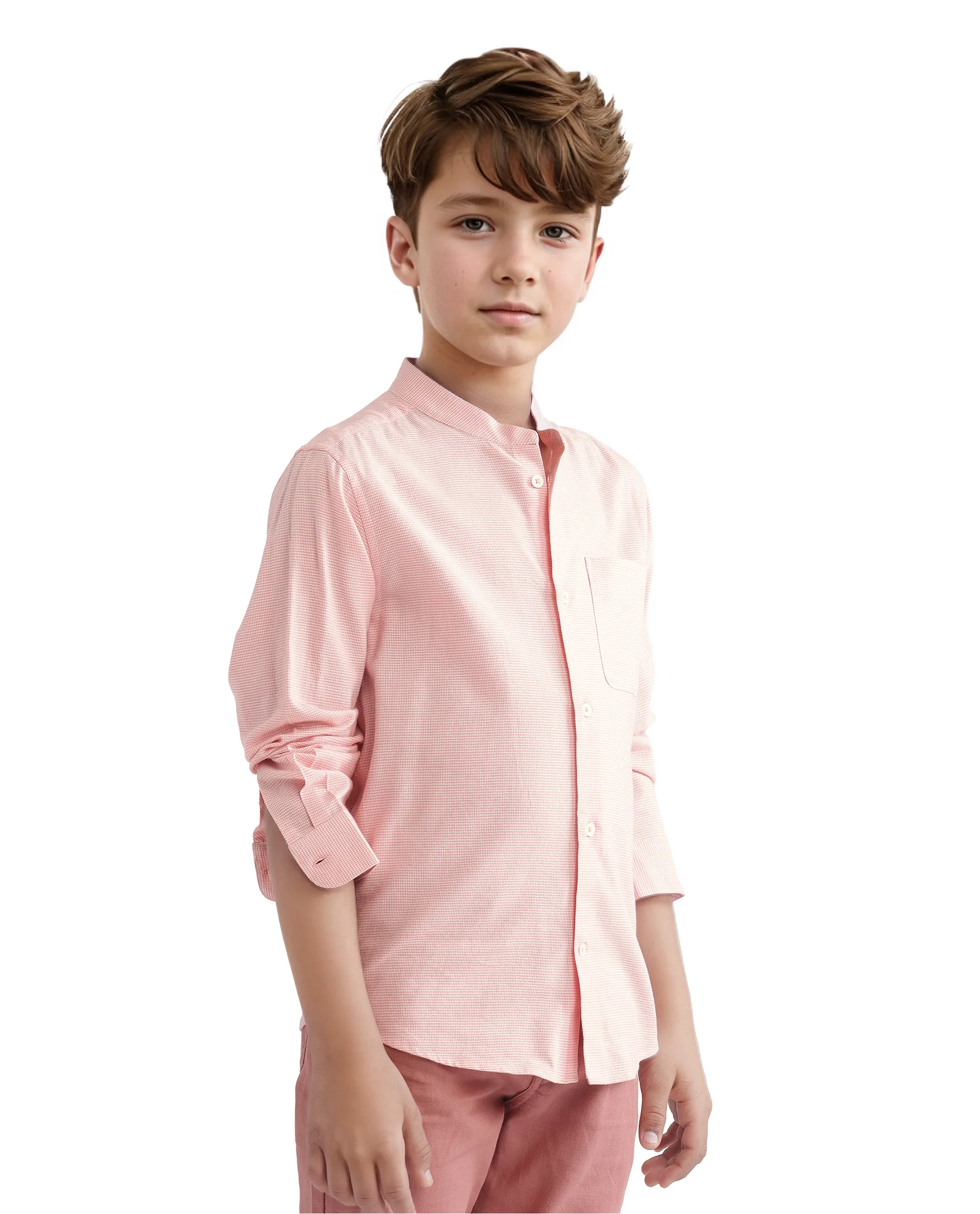 Rare Ones Kids Lynx Peach Cotton Blend Full Sleeve Mandarin Collar Self Striped Embroidered Signature Shirt - Image 7