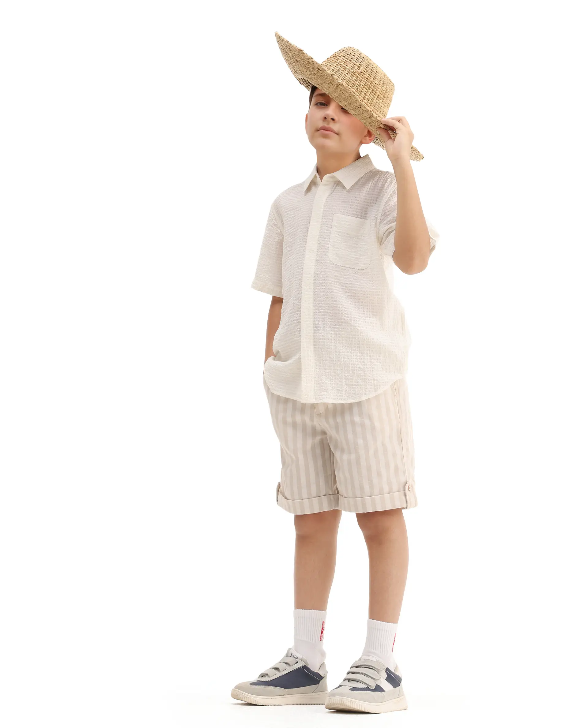 Rare Ones Kids Lyth Off White Cotton Blend Half Sleeve Striped Regular Fit Shirt - Image 2