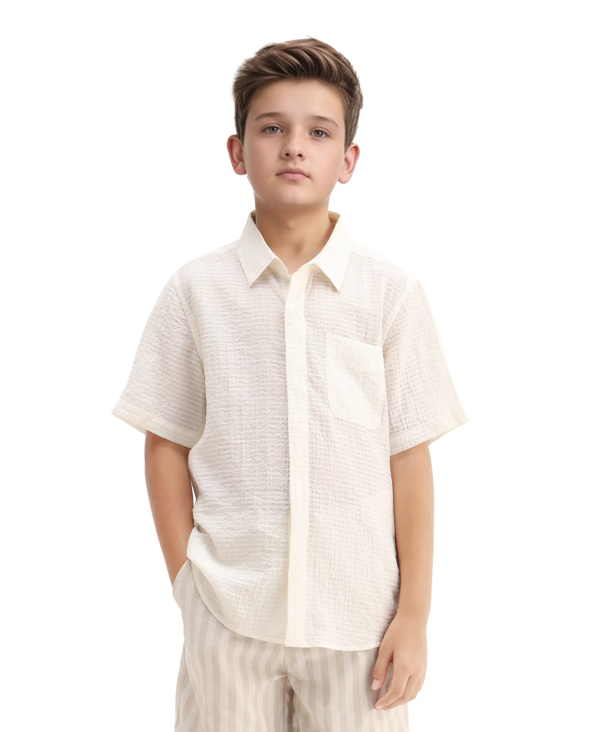 Rare Ones Kids Lyth Off White Cotton Blend Half Sleeve Striped Regular Fit Shirt - Image 3