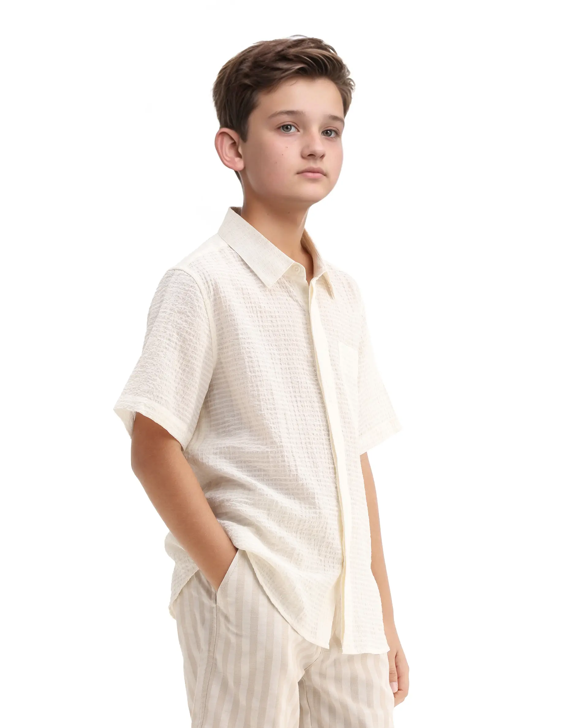 Rare Ones Kids Lyth Off White Cotton Blend Half Sleeve Striped Regular Fit Shirt - Image 5