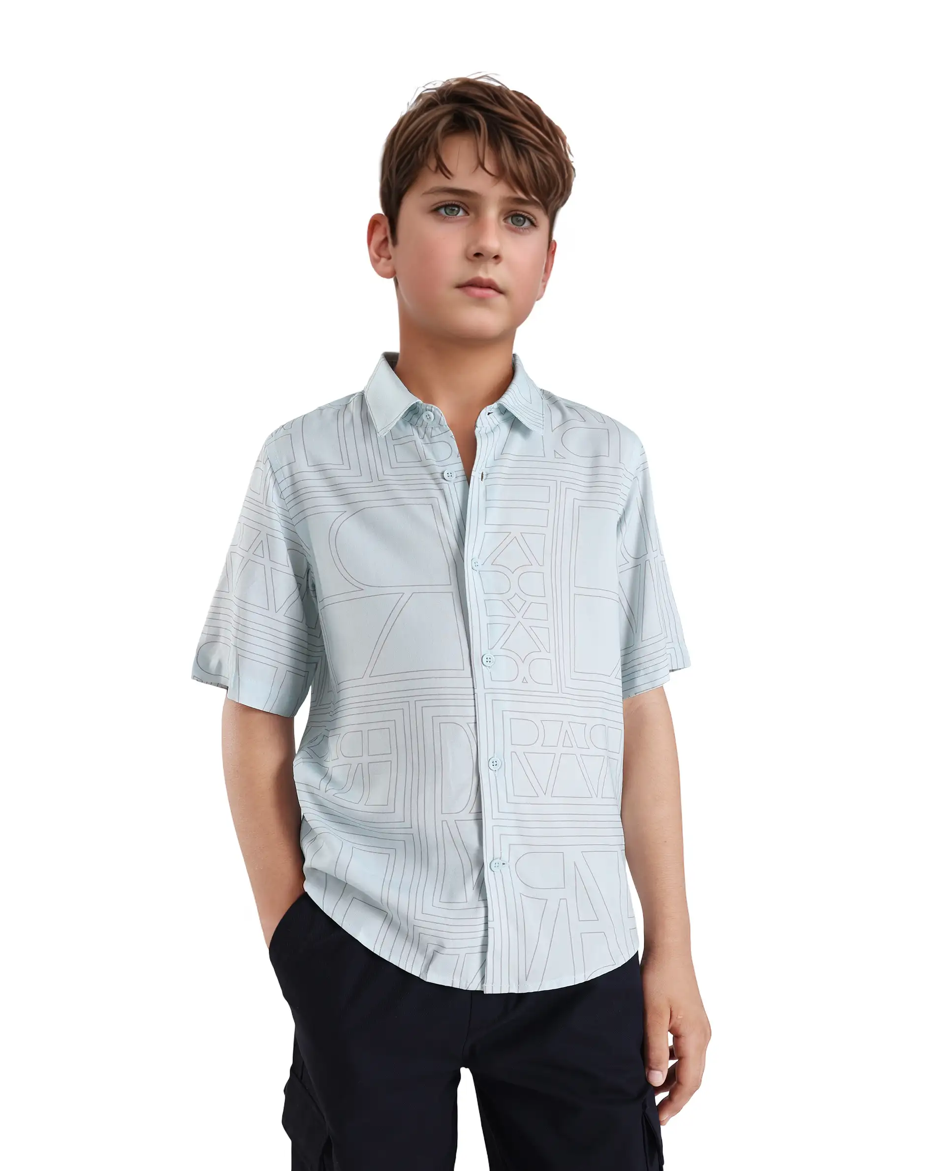 Rare Ones Kids Maley Blue Viscose Printed Button Closure Regular Fit Shirt - Image 2