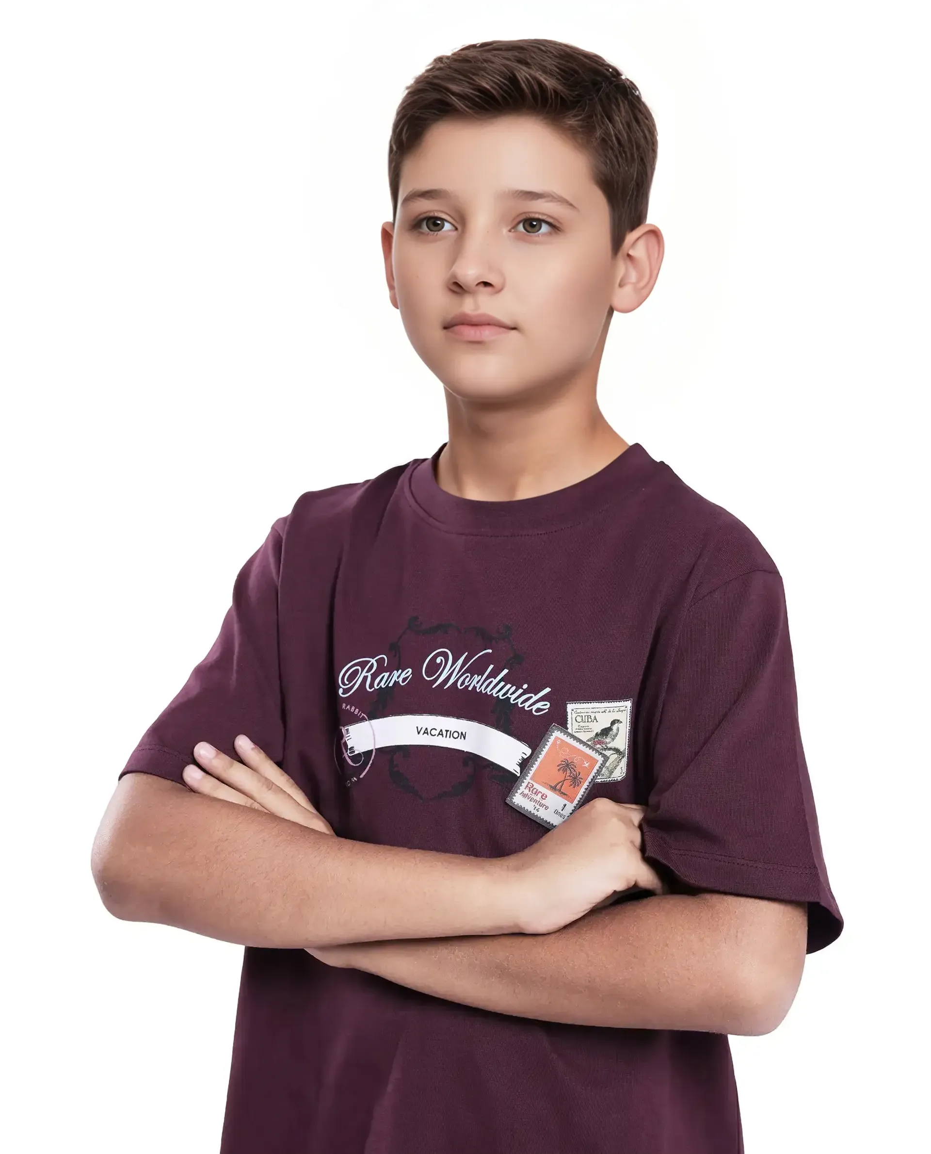 Rare Ones Kids Marn Maroon Cotton Blend Half Sleeve Slip-On Printed Regular Fit T-Shirt