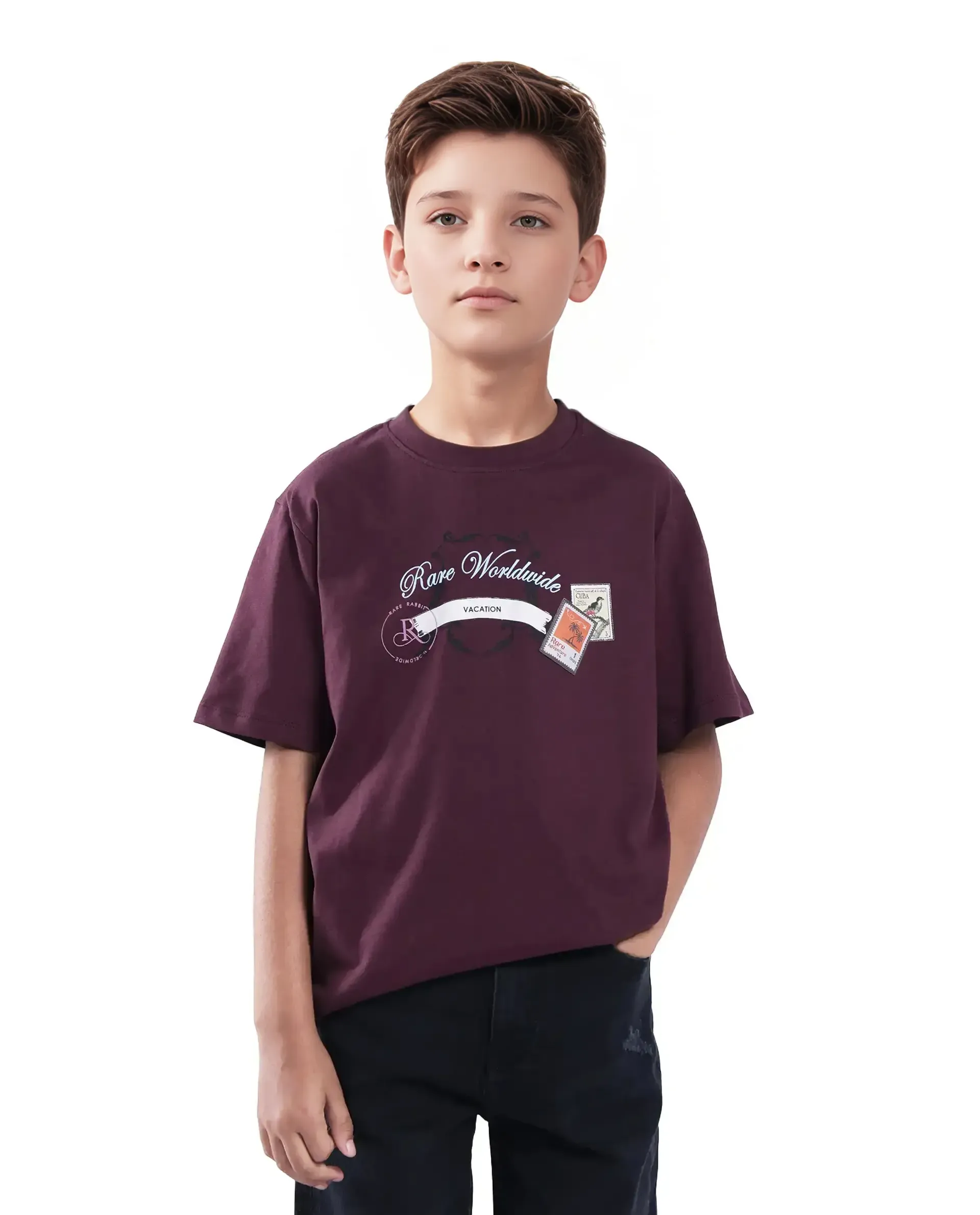 Rare Ones Kids Marn Maroon Cotton Blend Half Sleeve Slip-On Printed Regular Fit T-Shirt - Image 3