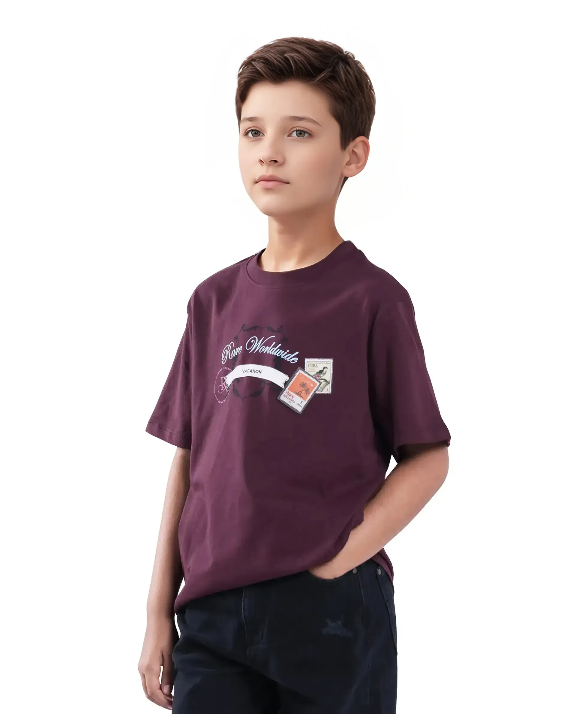 Rare Ones Kids Marn Maroon Cotton Blend Half Sleeve Slip-On Printed Regular Fit T-Shirt - Image 6